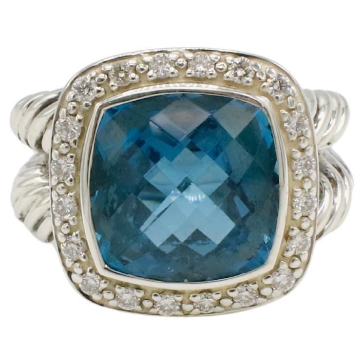 David Yurman Albion Sterling Silber London Blau Topas Natürlicher Diamant Halo Ring im Angebot
