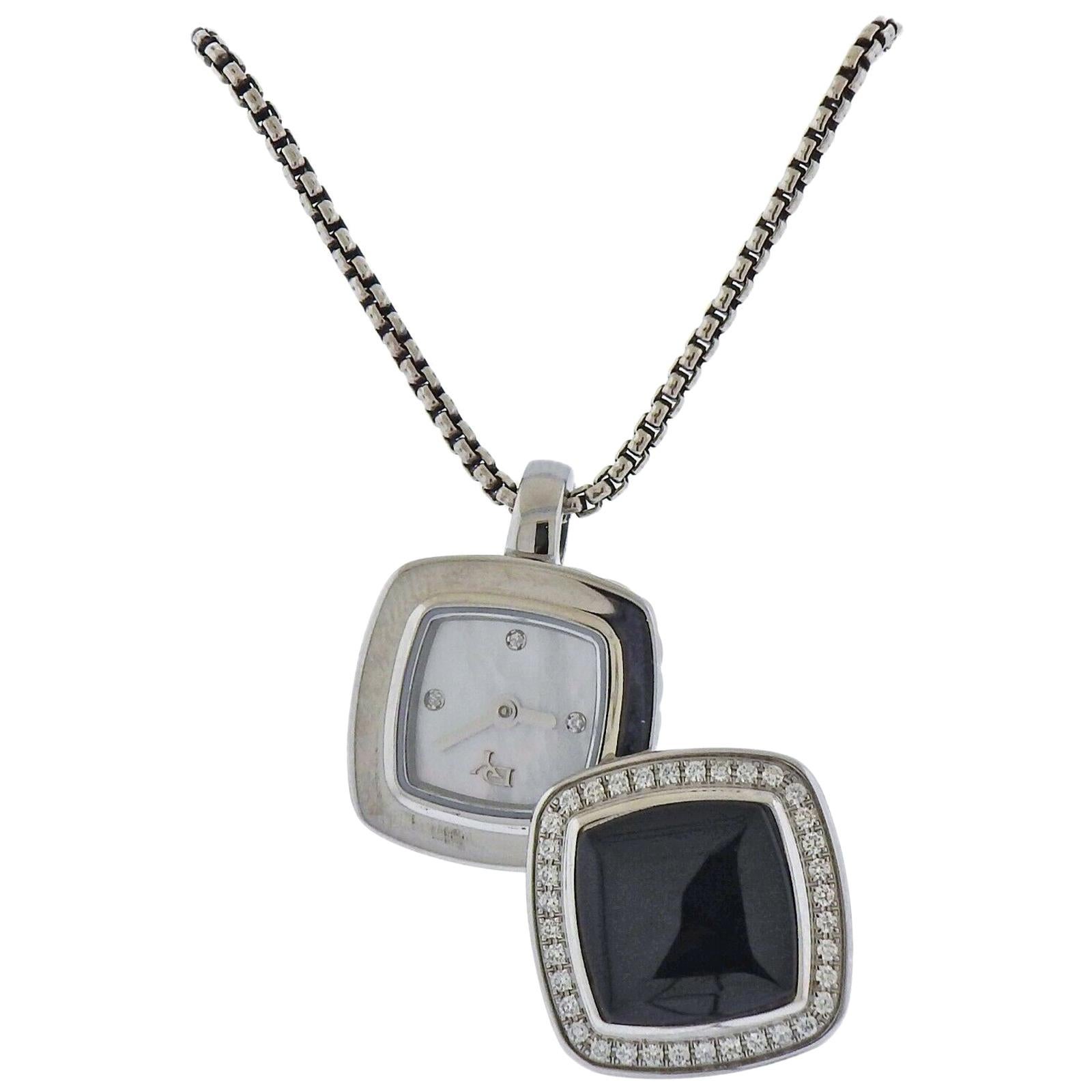 David Yurman Albion Sterling Silver Onyx Diamond Watch Pendant Necklace