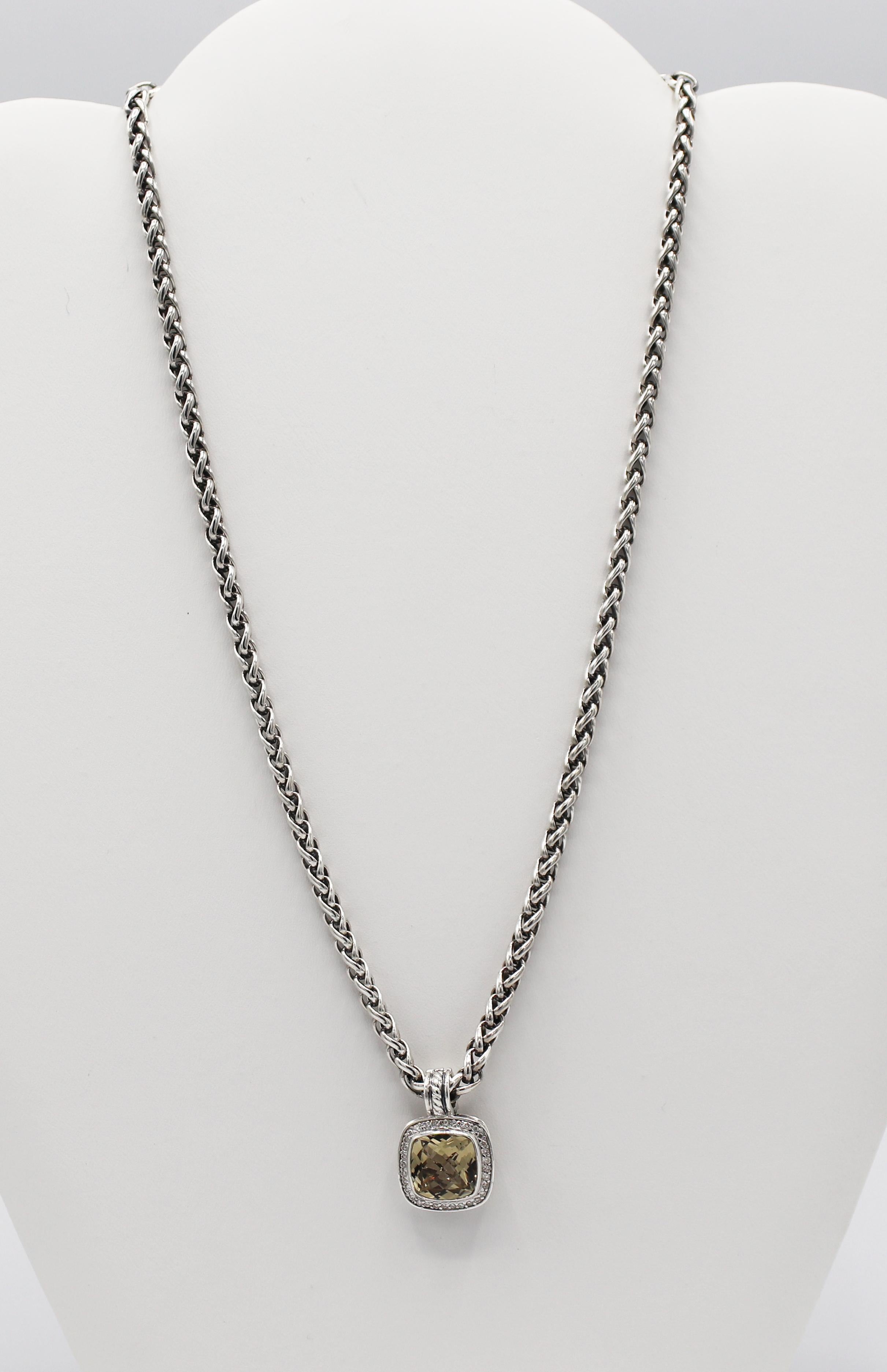 Modern David Yurman Albion Sterling Silver Smoky Quartz & Diamond Pendant Drop Necklace