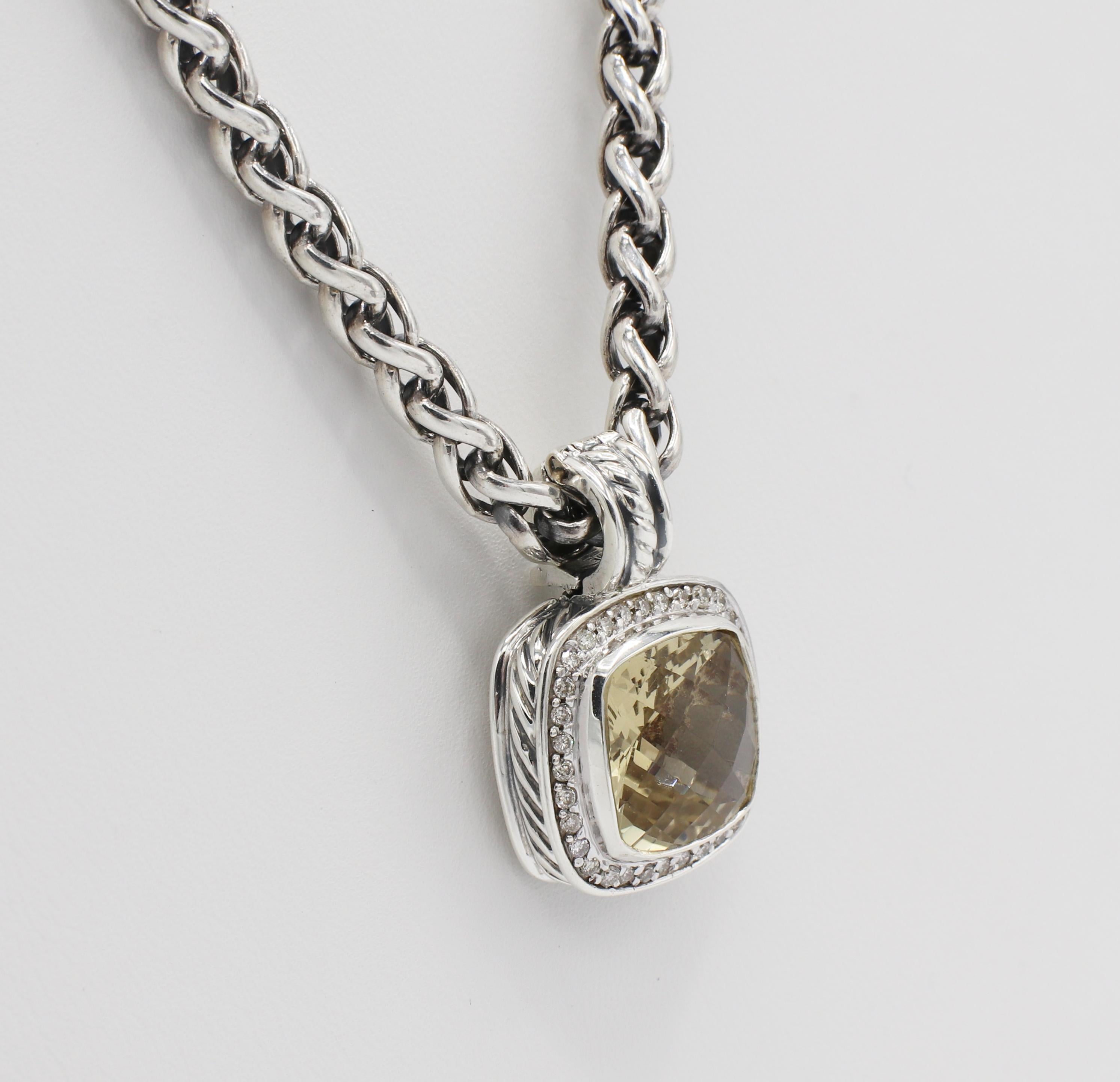 Round Cut David Yurman Albion Sterling Silver Smoky Quartz & Diamond Pendant Drop Necklace