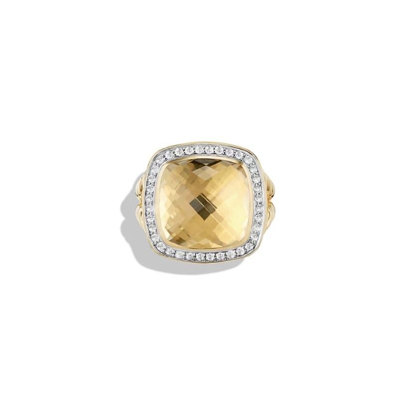 DAVID YURMAN ALBION WITH CHAMPAGNE CITRINE AND DIAMONDS RING SIZE 6

-Mint condition
-18-karat yellow gold
-Ring size: 6
-Faceted champagne citrine, 14 x 14mm
-Pave diamonds, 0.31 total carat weight
-Ring, 5-19mm wide

*David Yurman box