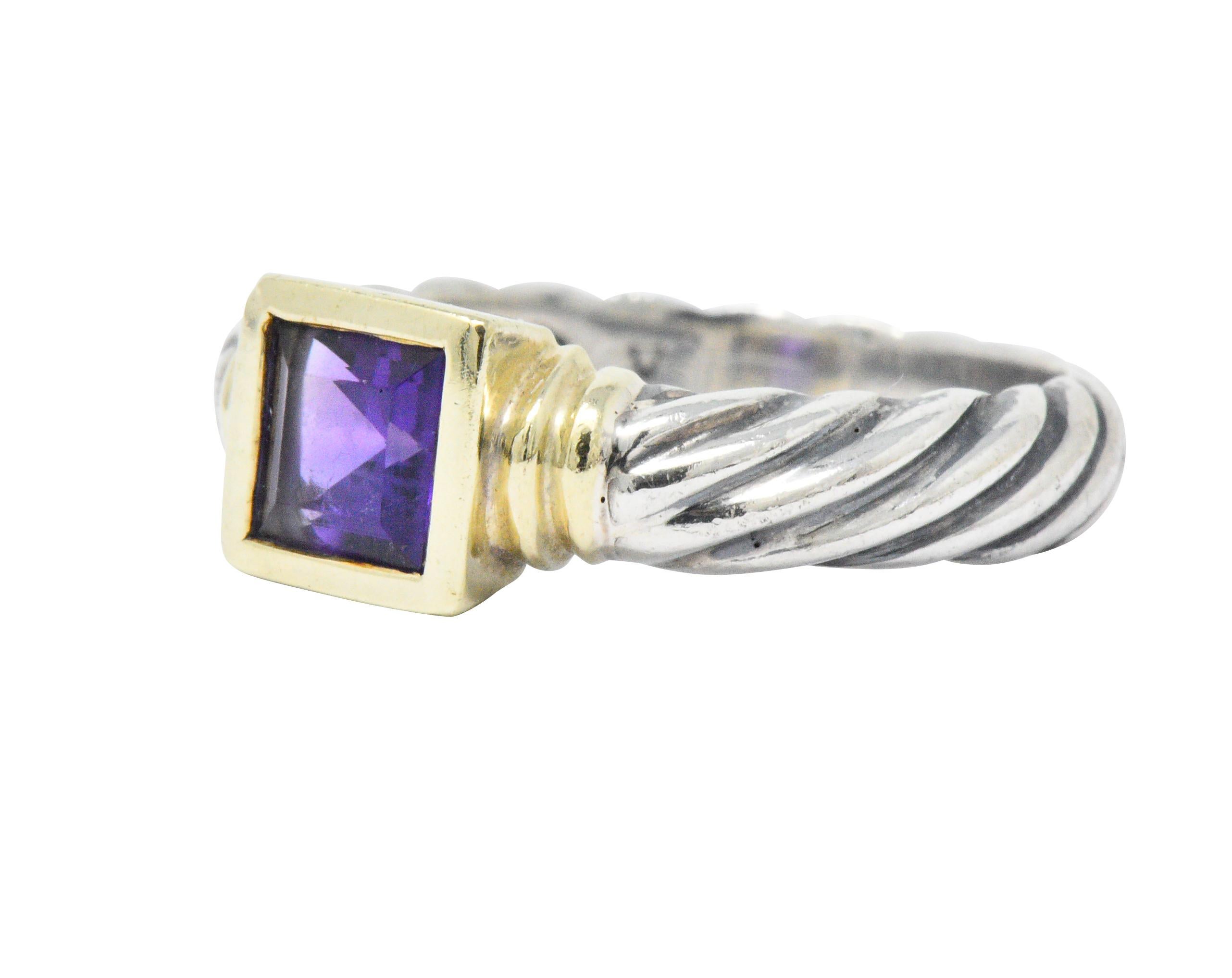 Centering a princess cut amethyst (rich, deep purple) bezel set in 14k gold

Ribbed 14k gold accents flank amethyst and embellish setting

David Yurman classic sterling silver cable twist band

Signed D. Yurman Sterling 14k

Top measures 6.5 mm wide