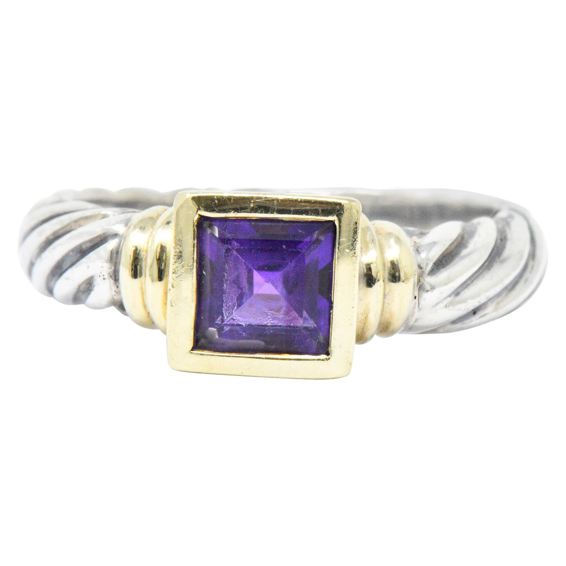 David Yurman Amethyst 14 Karat Gold Sterling Silver Metro Cable Twist Stack Ring