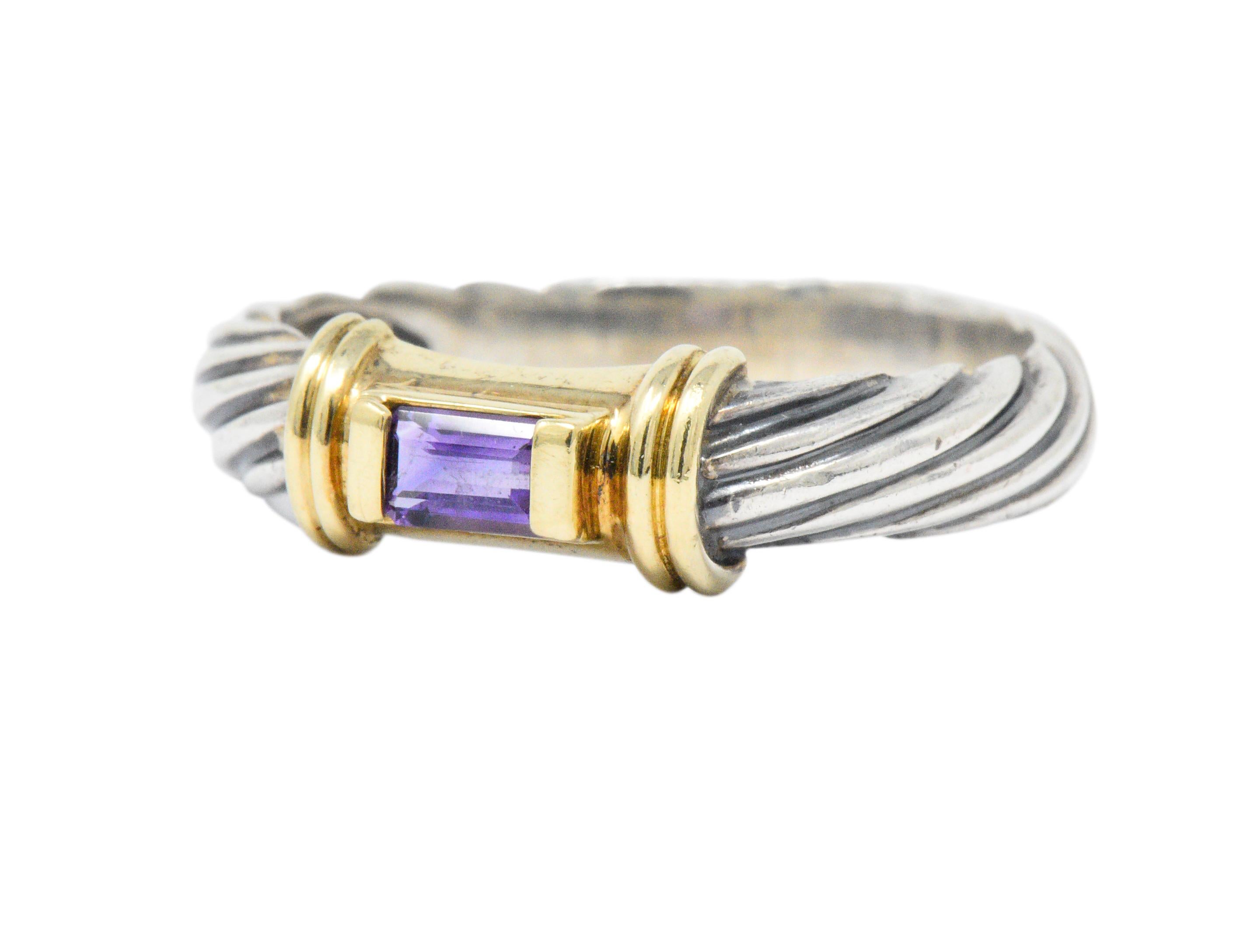Centering an emerald cut amethyst deep violet purple

Elongated 14k yellow gold prongs on each end with ribbed accents

Classic David Yurman cable twist band

Signed Yurman Sterling and from the Metro collection

Top measures 5 mm wide and sits 4 mm