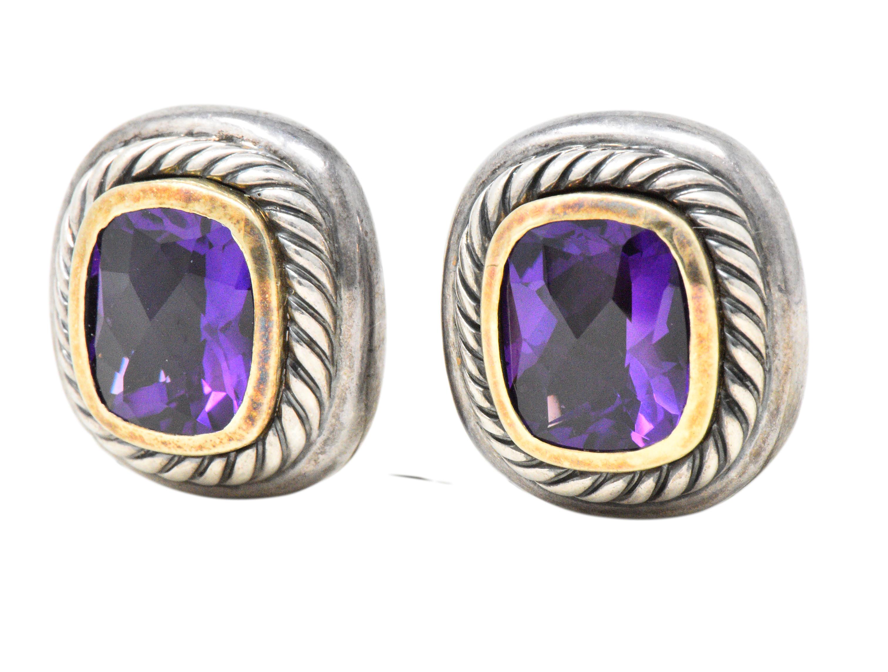 Each featuring a faceted vivid amethyst, bezel set in 14K yellow gold

Amethyst measure approximately 12.23 mm x 9.9 mm 

Accented by sterling silver twisted rope

Stamped .925, 585 and Signed D.Y. for David Yurman 

Omega back

Measures: 21.2 mm
