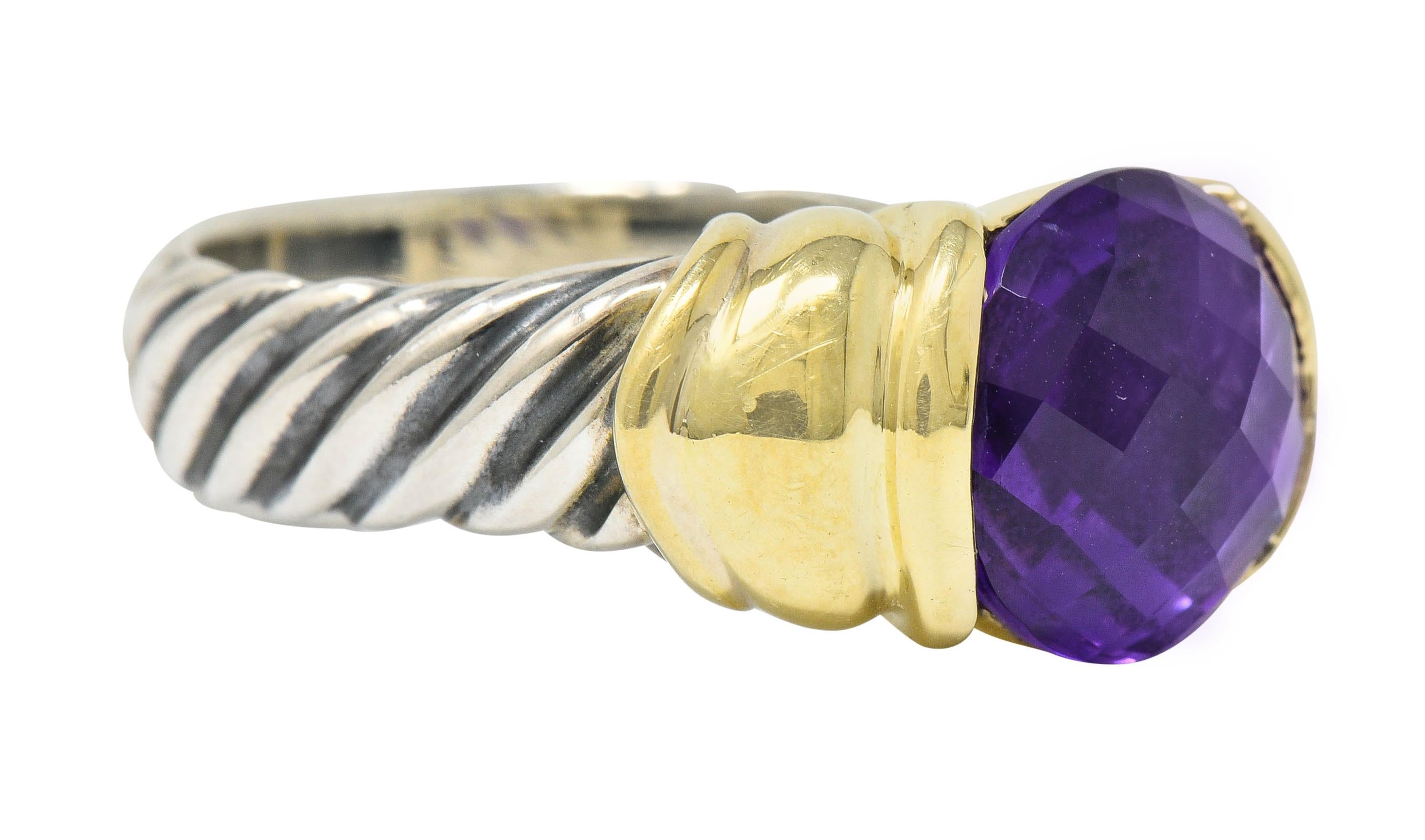 Centering a 10.0 mm round mixed cut amethyst; transparent and deeply purple

Half bezel set in polished gold with matching stylized shoulders

Completed by classic silver twisted cable shank

Signed D. Yurman

Stamped 585 and 925 for 14 karat gold