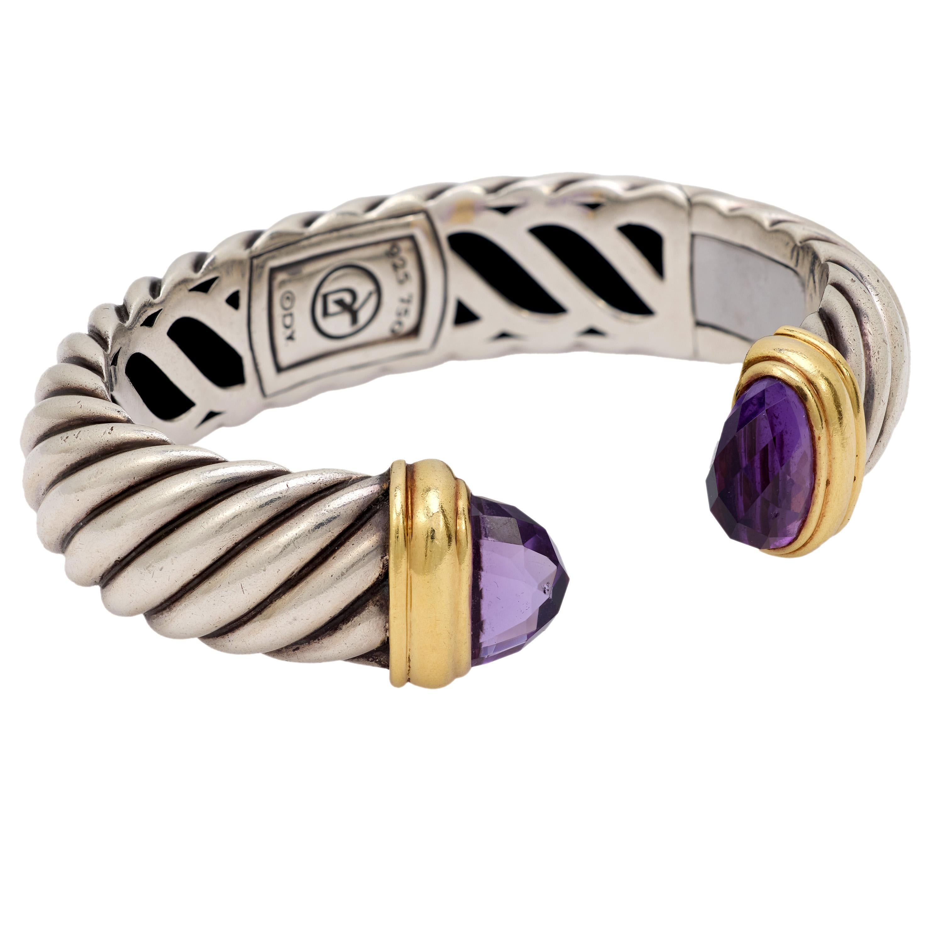 Modern David Yurman amethyst 18k yellow gold and silver hinged cuff bracelet For Sale