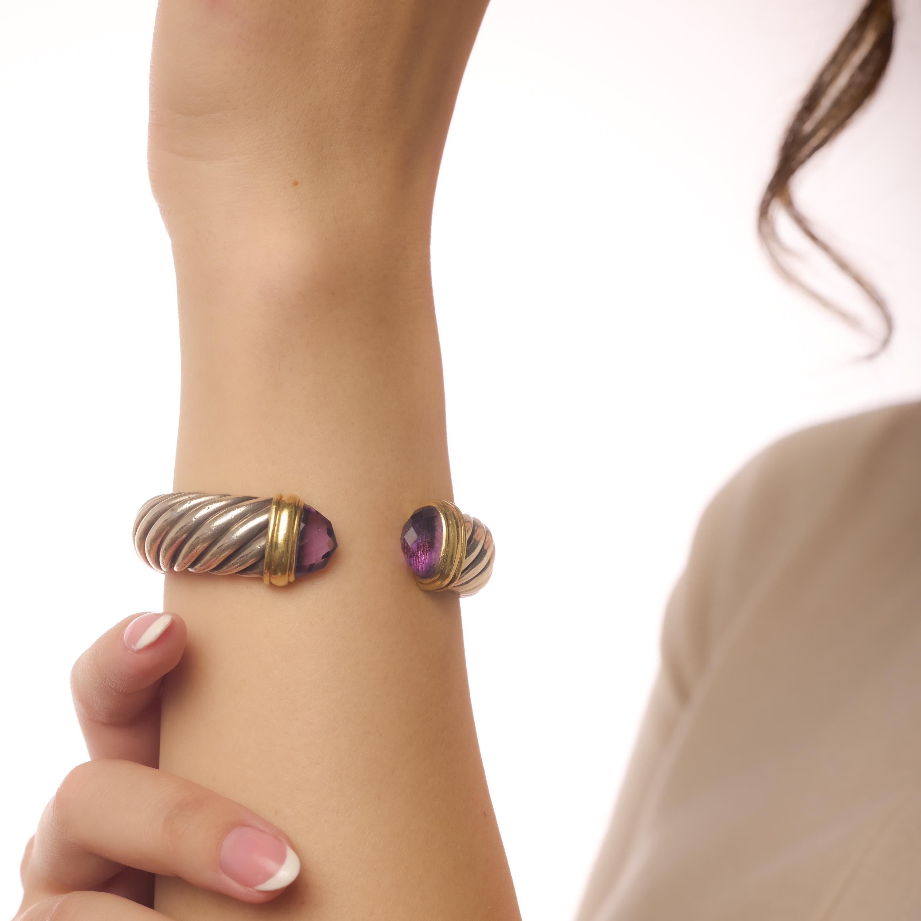 Cabochon David Yurman amethyst 18k yellow gold and silver hinged cuff bracelet For Sale
