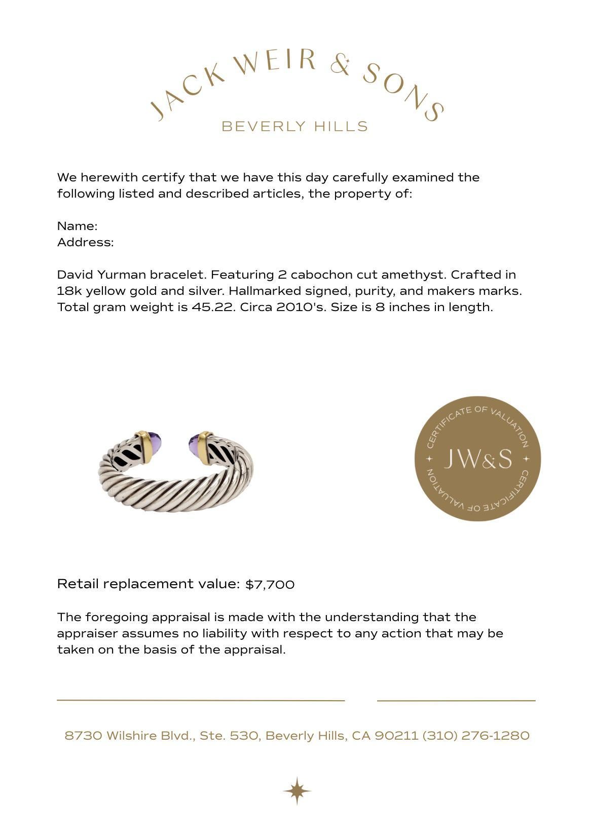 David Yurman amethyst 18k yellow gold and silver hinged cuff bracelet In Excellent Condition For Sale In Beverly Hills, CA