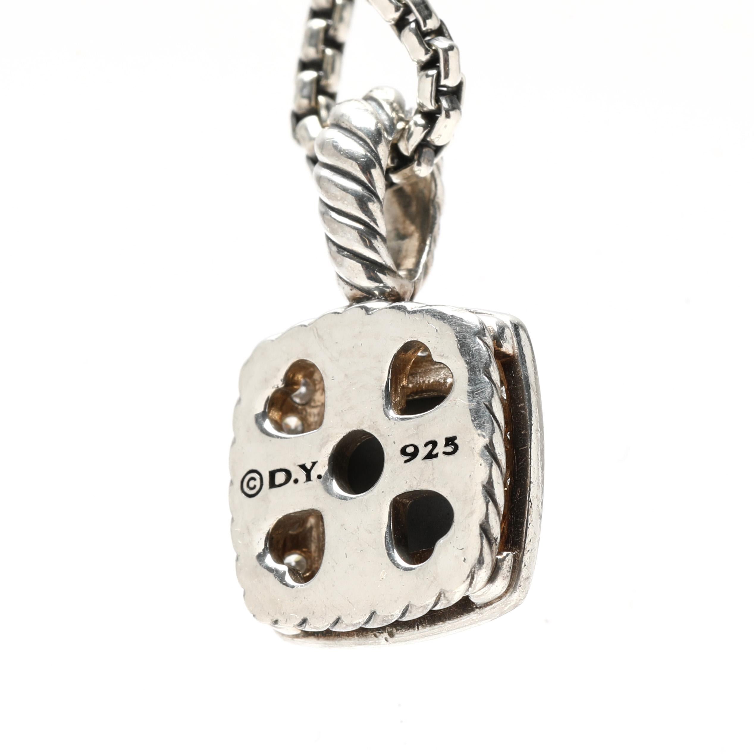 Stones:
lavender amethyst
backed by hematite
diamond
round brilliant cut
approximately .17 total carats
GH color/ SI1-2 clarity

Chain Length: 17 in (adjustable)

Chain Width: 1.6 mm

Pendant Length: .75 in

Pendant Width: .5 in

Weight: 6.2 dwts/