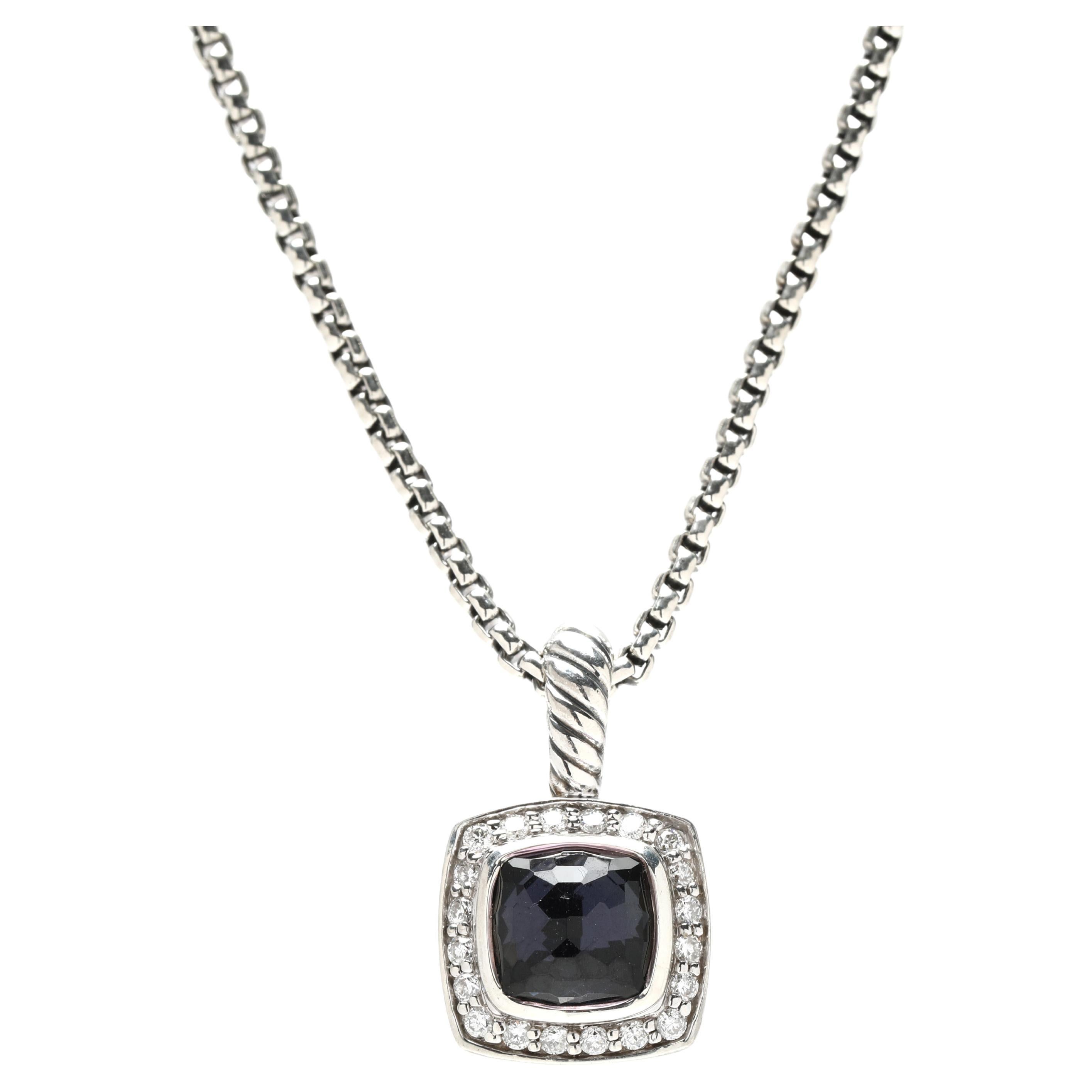 David Yurman Amethyst and Diamond Cushion Checkerboard Pendant Box Chain, SS For Sale
