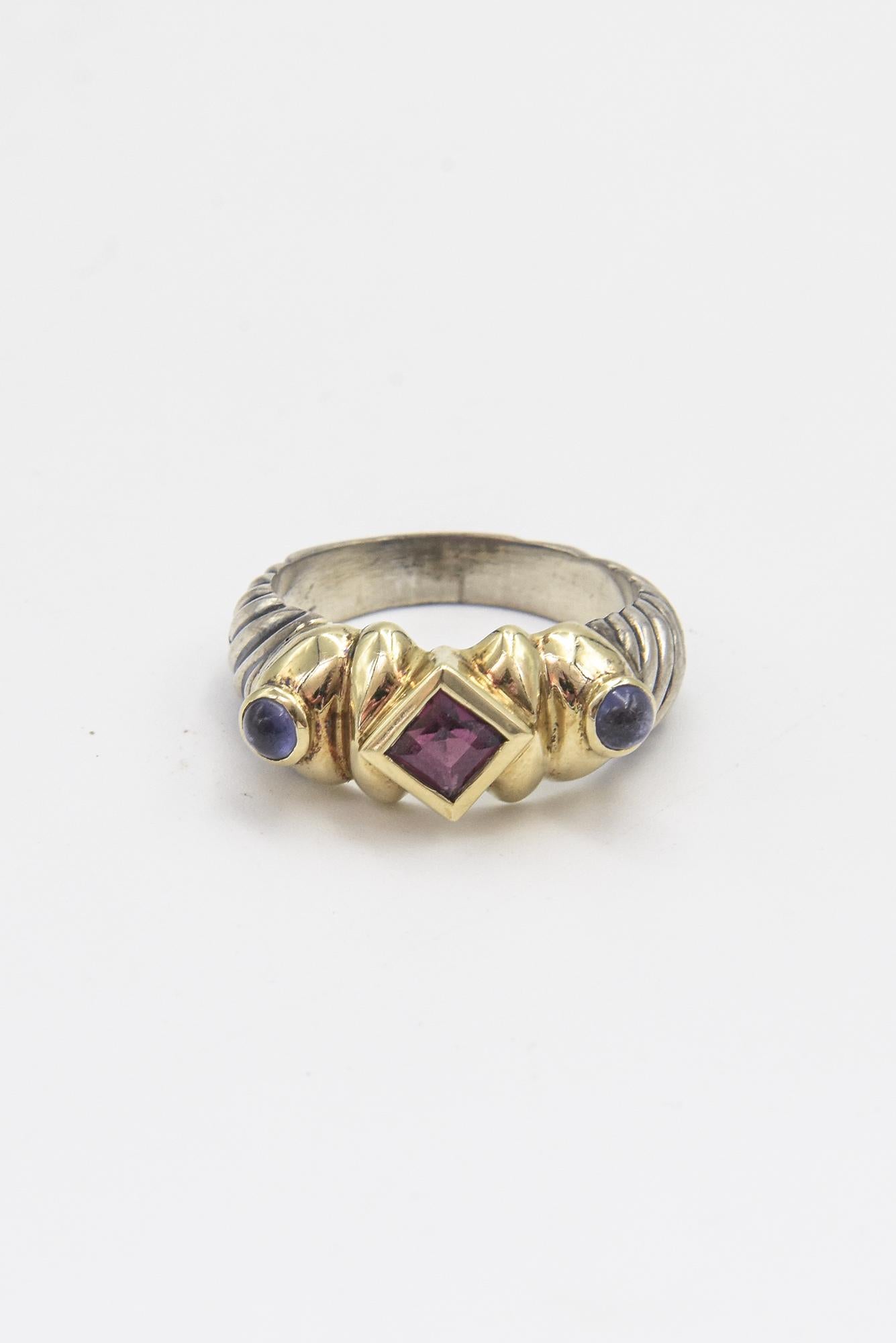 David Yurman Amethyst and Garnet Gold Silver Renaissance Cable Ring 5