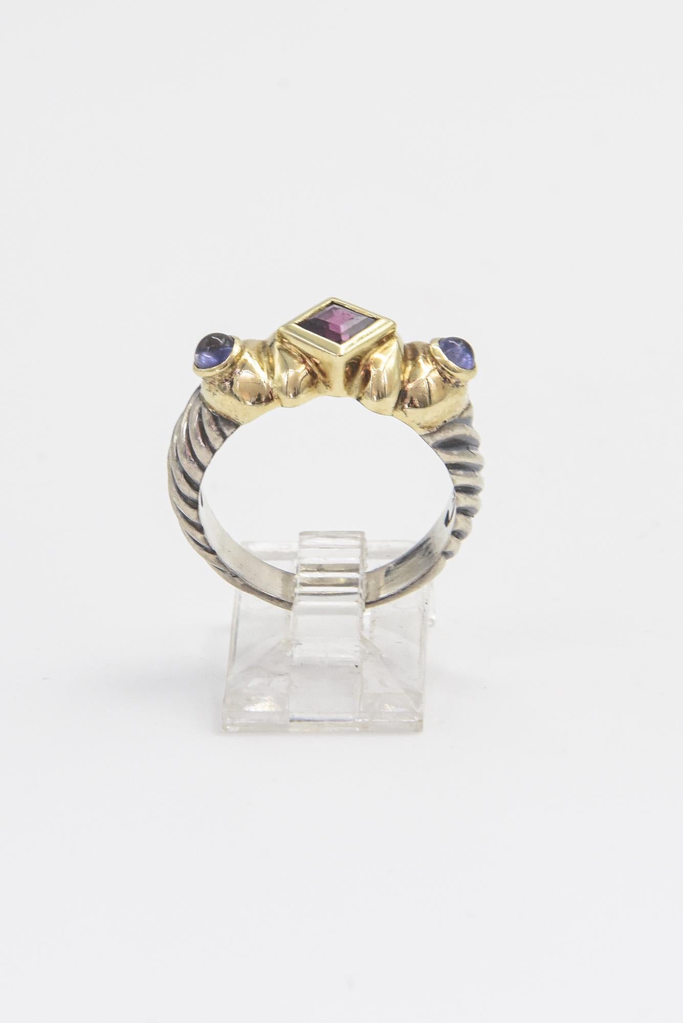 Square Cut David Yurman Amethyst and Garnet Gold Silver Renaissance Cable Ring