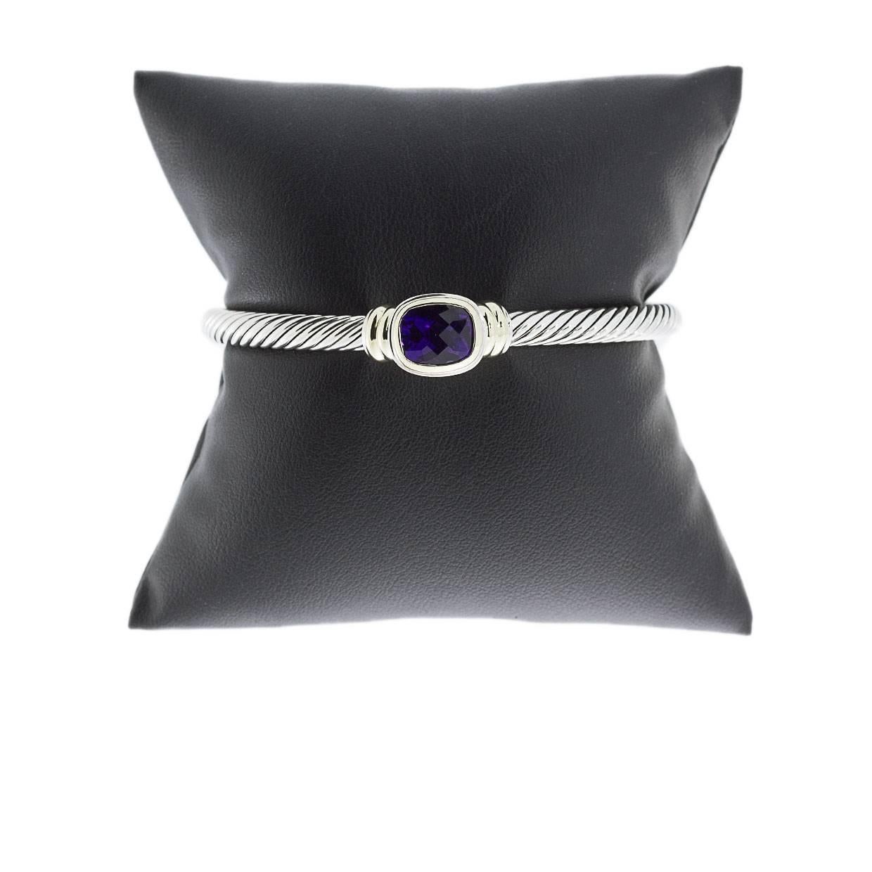 Brand: David Yurman
Collection: Cable Classics
Main Stone: Amethyst
Main Stone Shape: Cushion
Metal: Sterling Silver
Style: Cuff
Width: 5.00 mm
Fastening: None (Open Cuff)
Colored Stone Color: Purple
Metal Purity: 925 Parts Per 1000
Estimated Retail