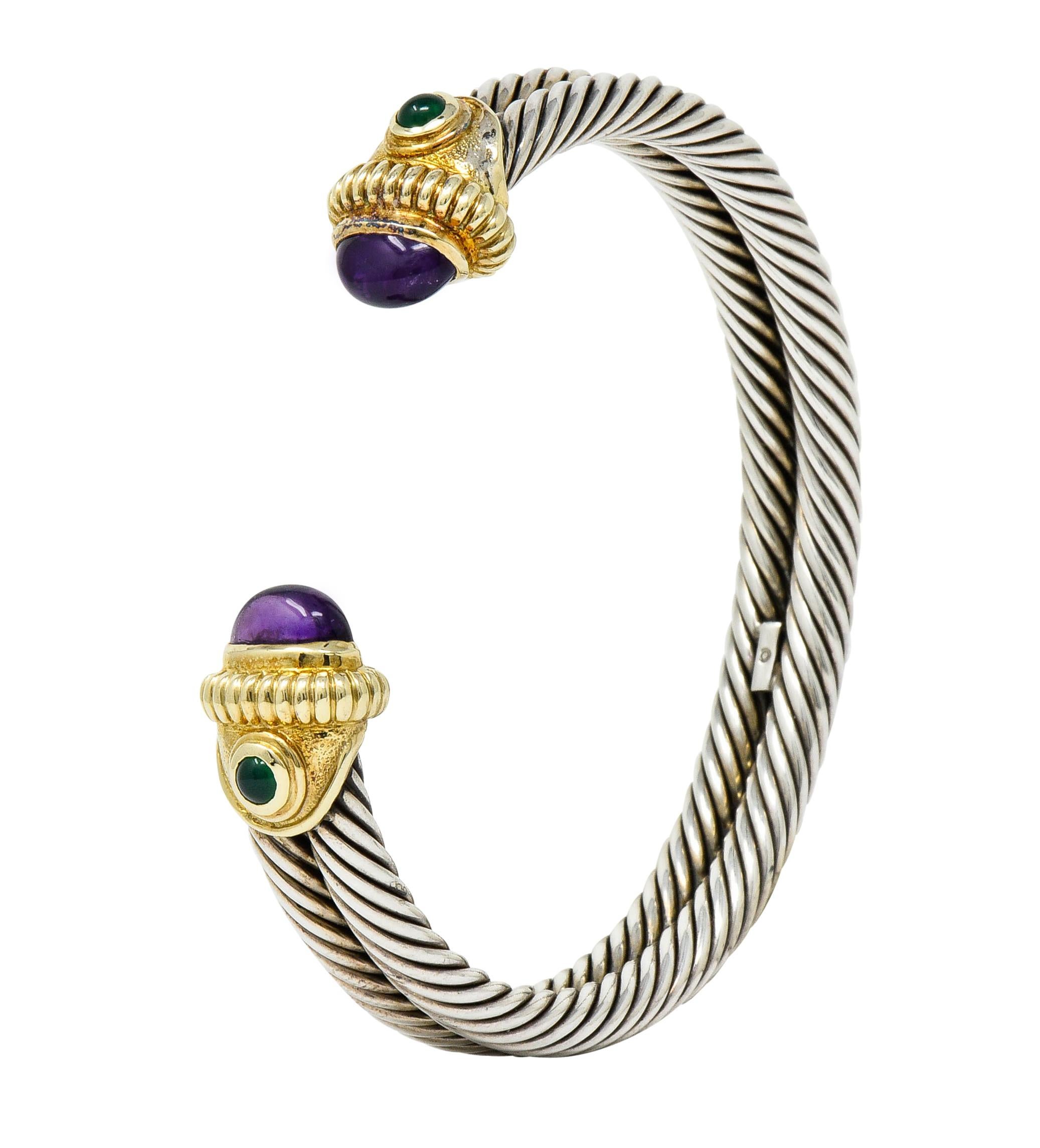 David Yurman Amethyst Chrysoprase 14 Karat Gold Silver Cable Cuff Bracelet 2