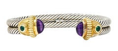 David Yurman Amethyst Chrysoprase 14 Karat Gold Silver Cable Cuff Bracelet