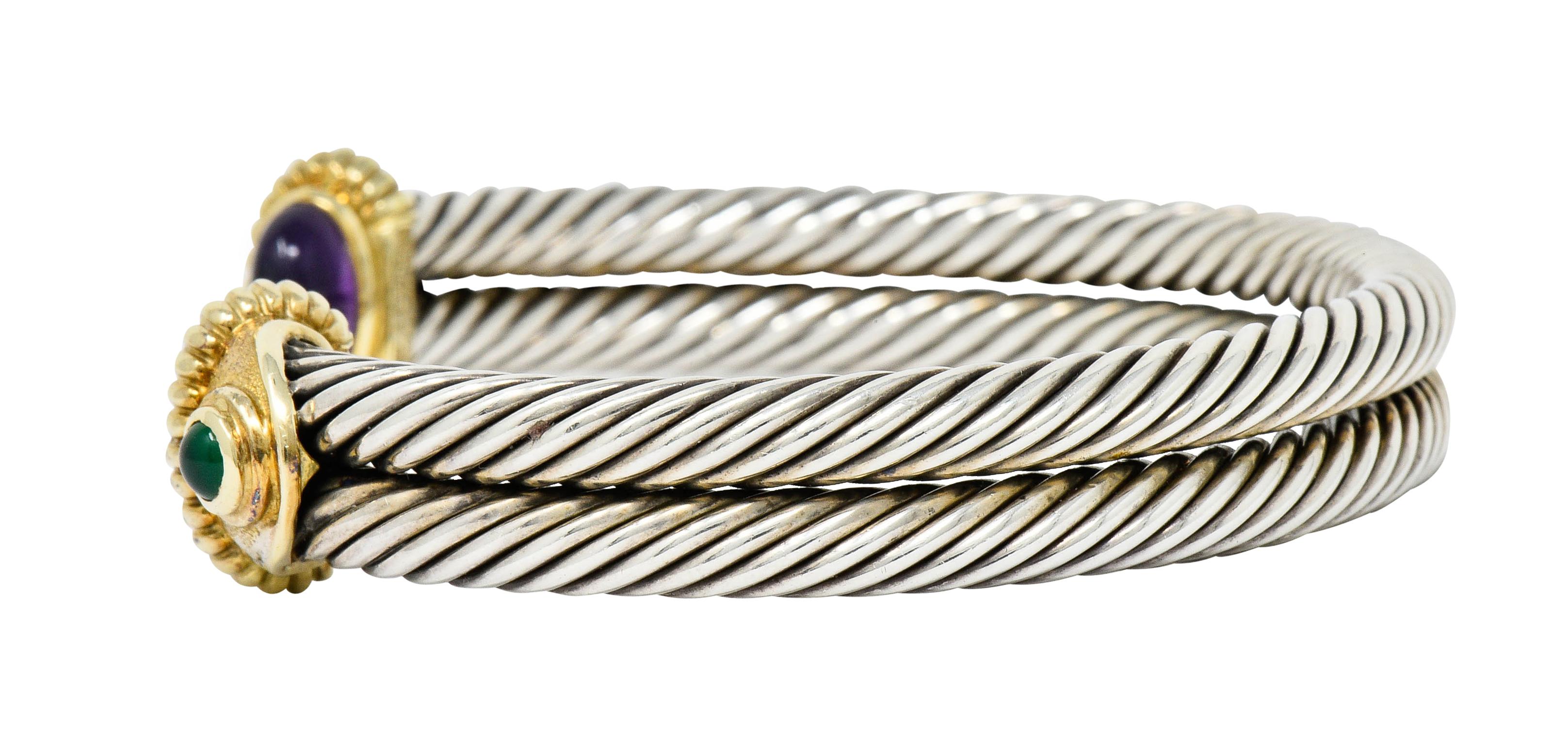 Contemporary David Yurman Amethyst Chrysoprase 14 Karat Gold Silver Cable Cuff Bracelet