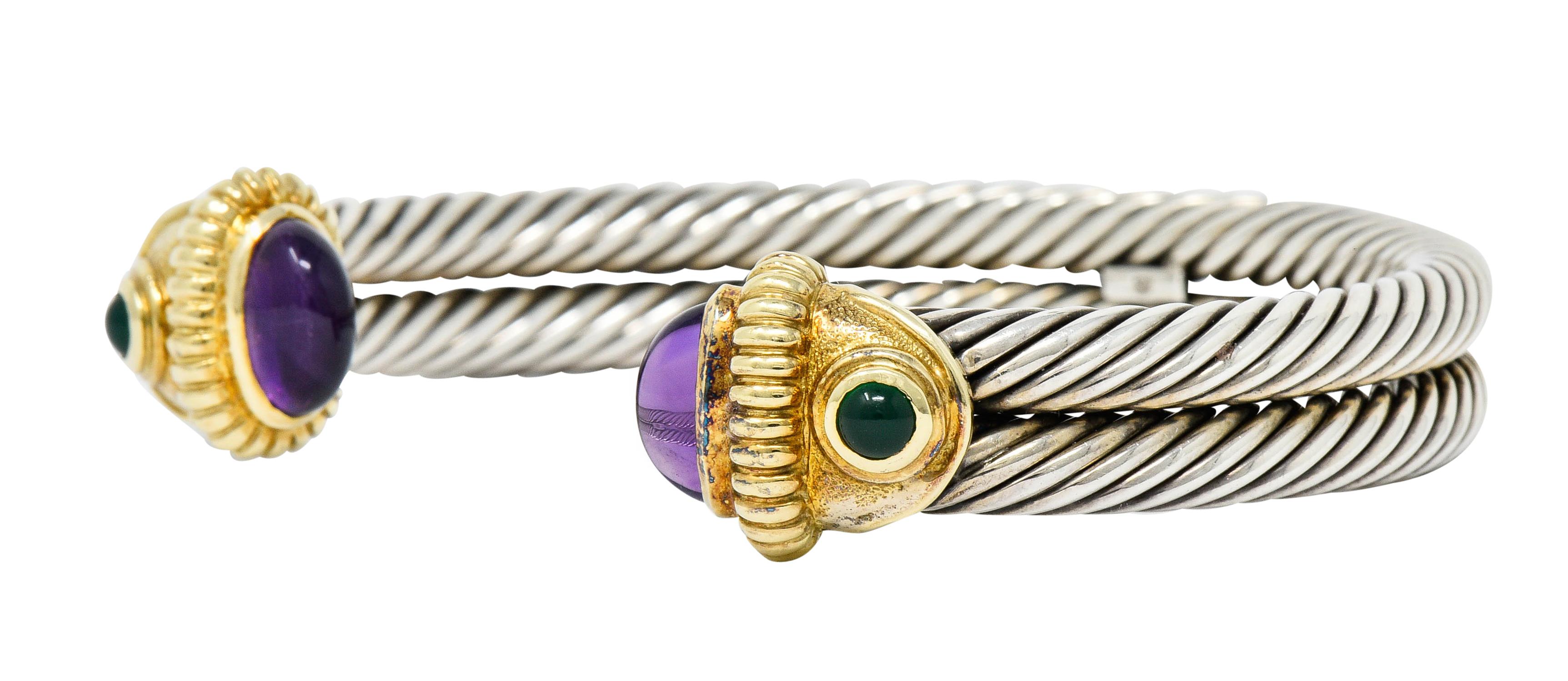 Cabochon David Yurman Amethyst Chrysoprase 14 Karat Gold Silver Cable Cuff Bracelet