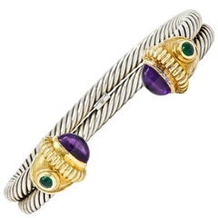 David Yurman Amethyst Chrysoprase 14 Karat Gold Silver Cable Cuff Bracelet