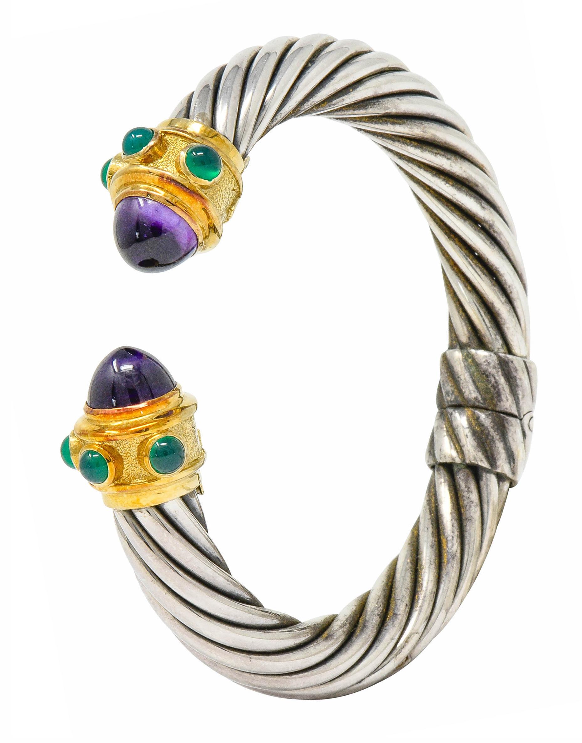 Hinged cuff style bracelet comprised of sterling silver twisted cable motif

Terminating as gold set with bullet cabochon amethysts; incredibly well-matched, transparent, purple in color

Accented by 4.0 mm round chrysoprase cabochon; translucent,