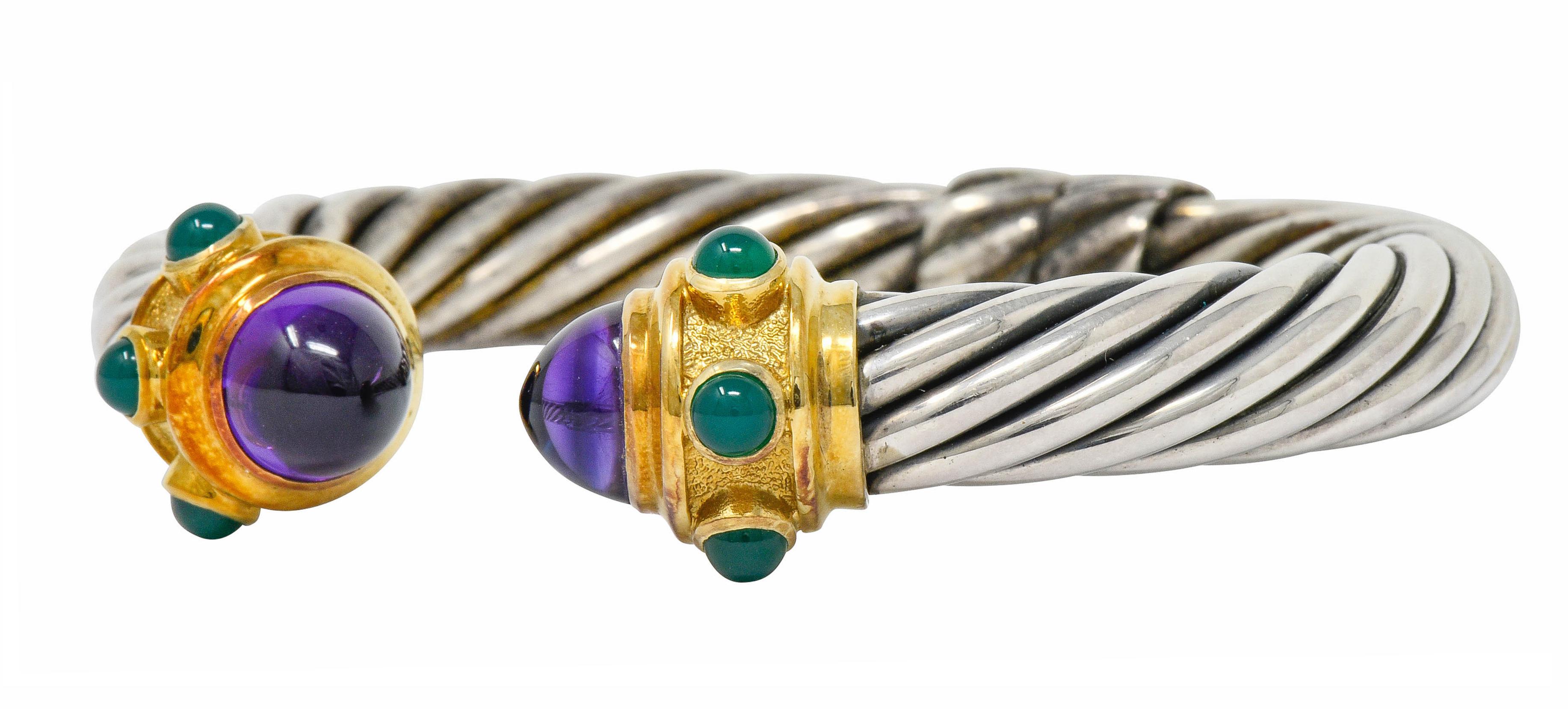 Women's or Men's David Yurman Amethyst Chrysoprase Silver 14 Karat Gold Renaissance Cuff Bracelet