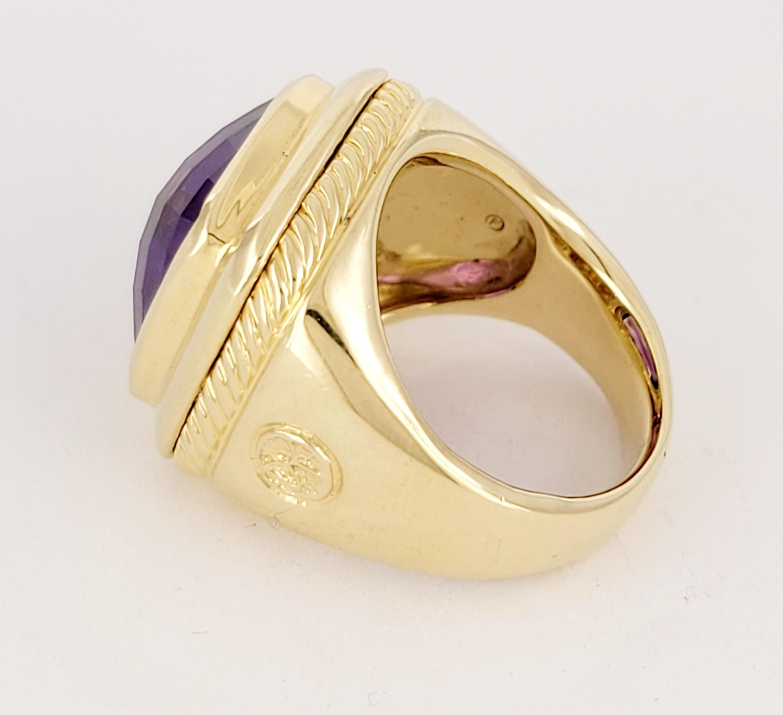 Brand: David Yurman

Material: 18k Yellow Gold

Stone Information
Natural Amethyst
Cut: Square Cushion Checkerboard
Color: Purple
Stone Dimension: 14mm X 14mm 


Style: Cocktail Solitaire
Features: Cable Detailing

Measurements
Face Height (north to