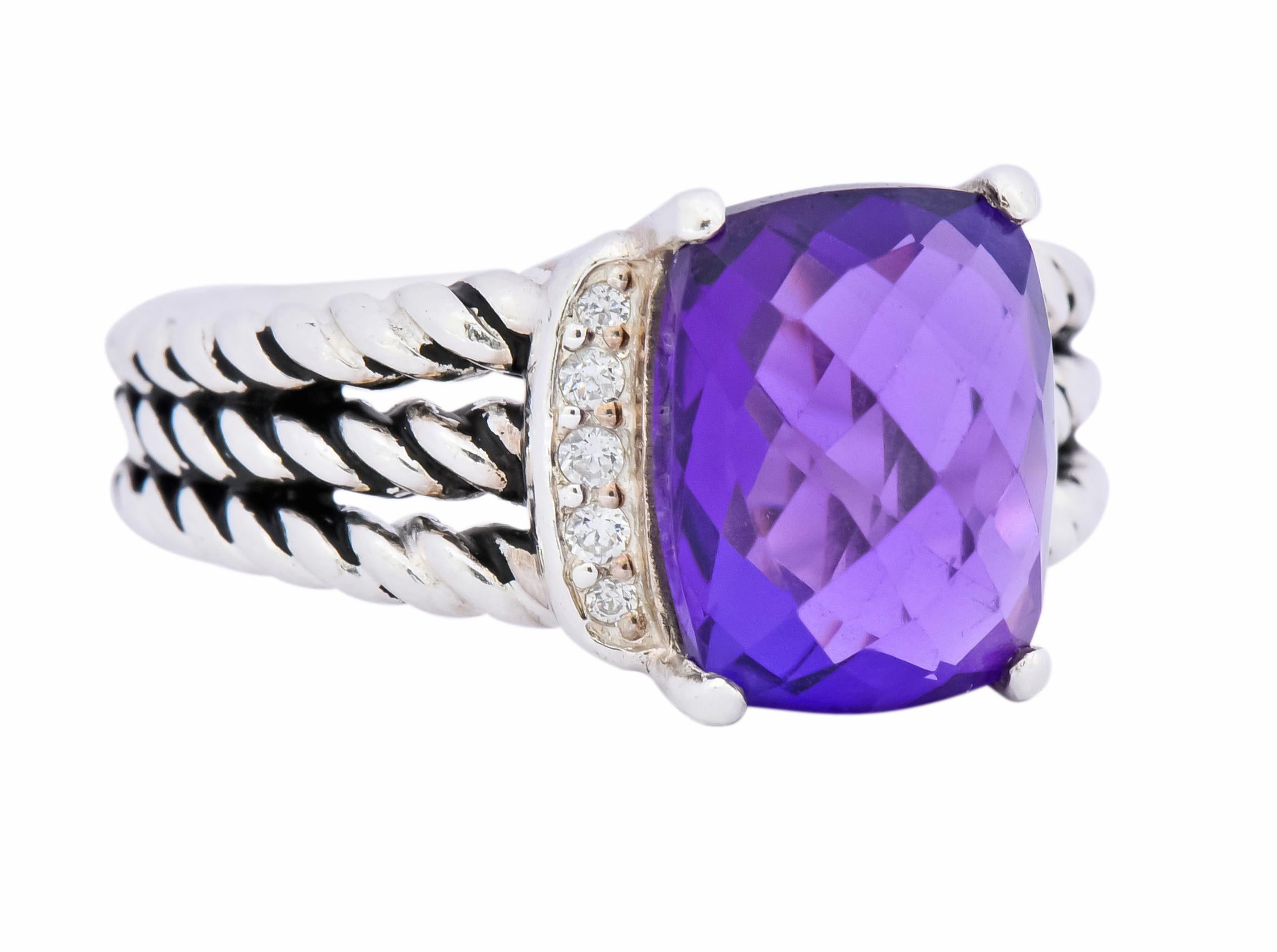 Featuring a prong set checkerboard cushion cut amethyst measuring 10.0 mm x 7.0 mm 

Flanked by linear rows of round cut brilliant diamonds weighing approximately 0.20 carat total, G/H color and VS clarity 

From David Yurman's Wheaton