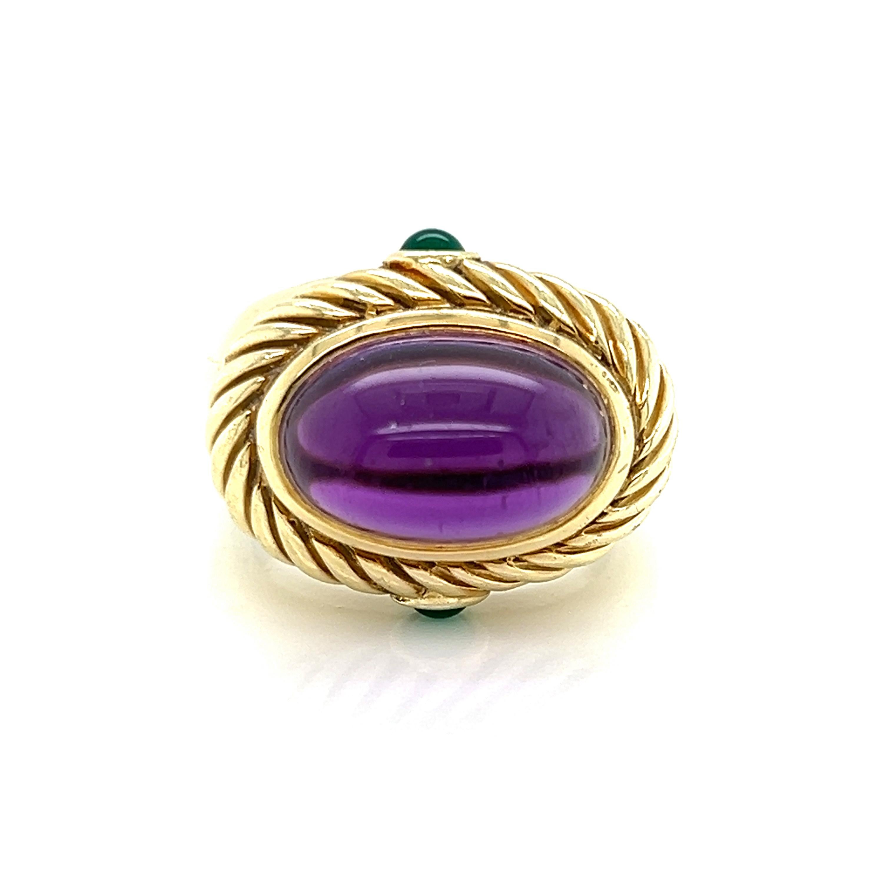 Moderne David Yurman, bague câble en or jaune 14 carats avec améthyste et émeraude - Taille 7 en vente