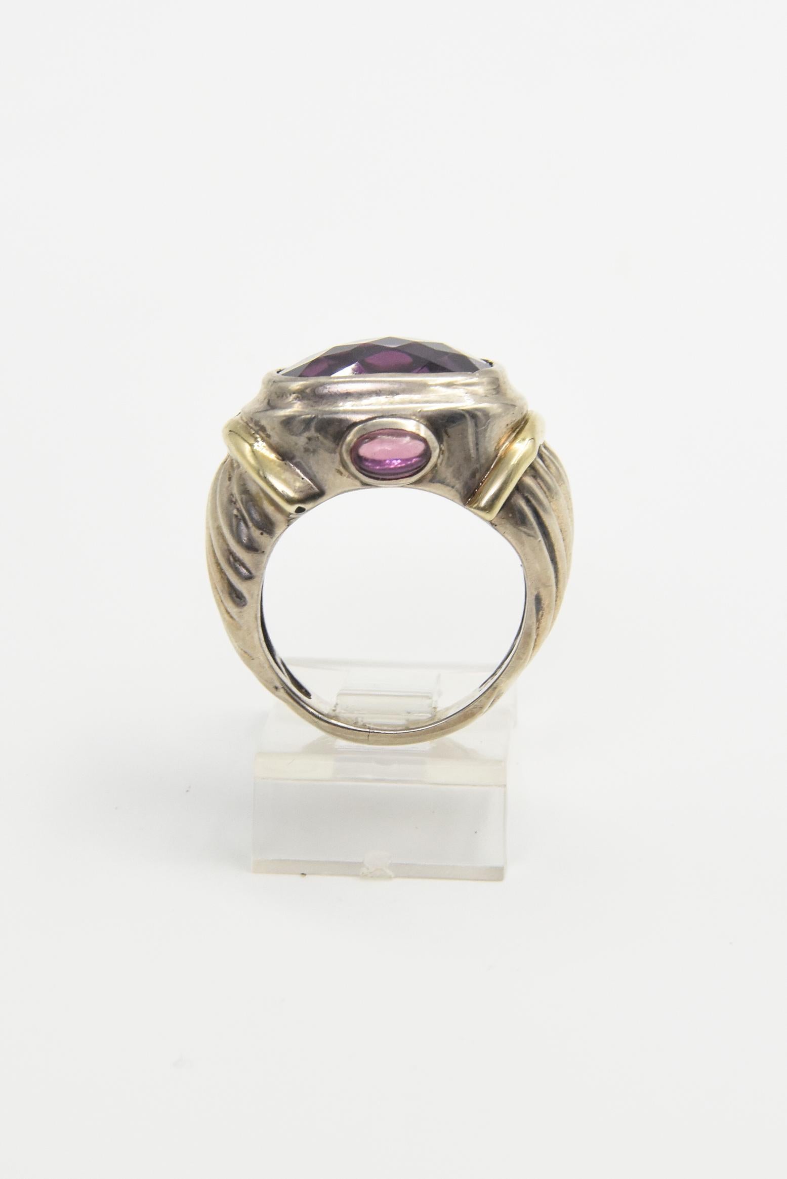 David Yurman Amethyst Garnet Sterling Silver Gold Cable Band Ring In Good Condition In Miami Beach, FL