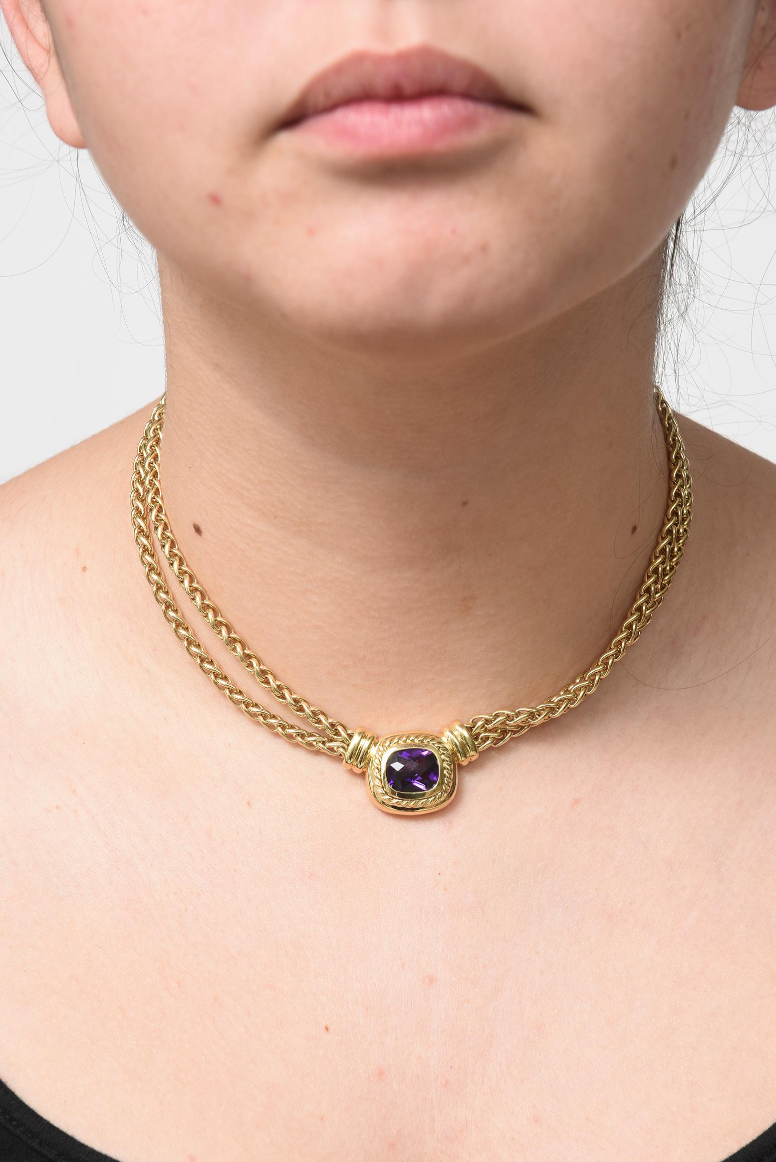 David Yurman Amethyst Gold Necklace with Double Wheat Chain 4