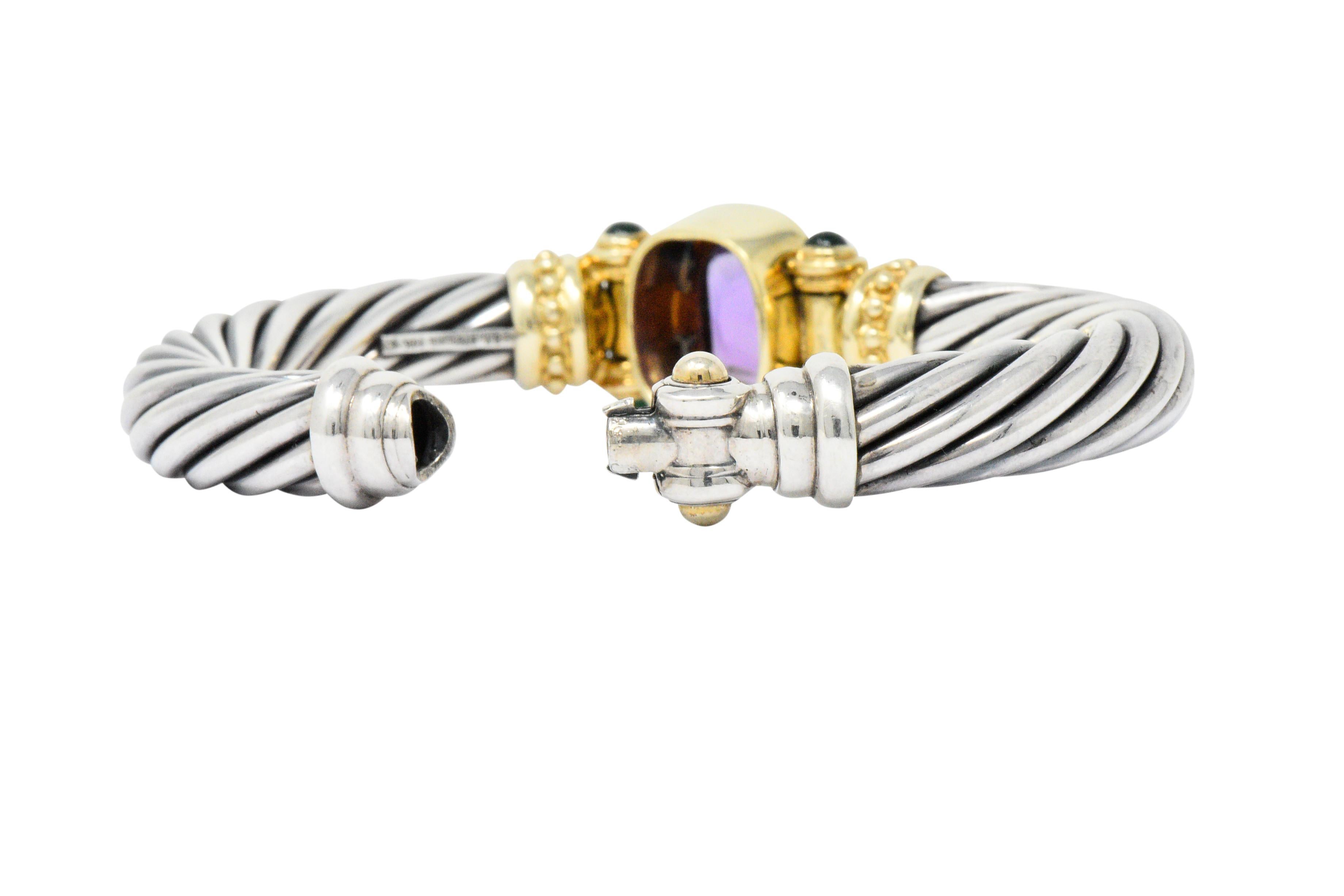 Round Cut David Yurman Amethyst Green Onyx Sterling Silver 14 Karat Gold Cable Bracelet