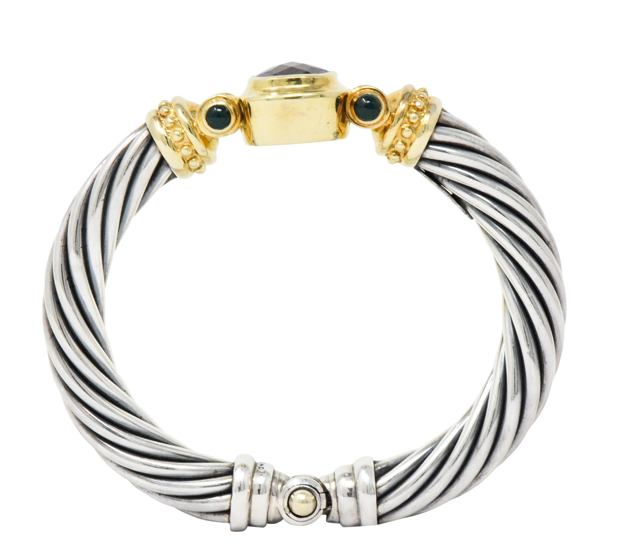 Women's or Men's David Yurman Amethyst Green Onyx Sterling Silver 14 Karat Gold Cable Bracelet