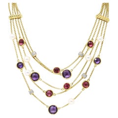 David Yurman: 18 Karat Gold Halskette mit Amethyst, rosa Turmalin, Perle und Pavé-Diamant