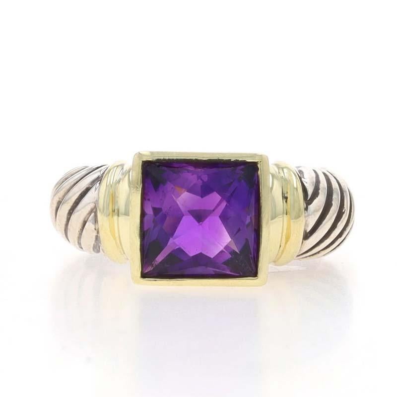 Size: 5 3/4

Brand: David Yurman

Metal Content: Sterling Silver & 14k Yellow Gold

Stone Information

Natural Amethyst
Cut: Square Checkerboard
Color: Purple

Style: Solitaire
Features: Cable Detailing

Measurements

Face Height (north to south):