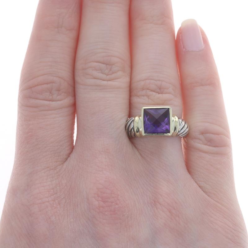 Square Cut David Yurman Amethyst Solitaire Ring Sterling 925 Yellow Gold 14k Cable Sz 5 3/4 For Sale