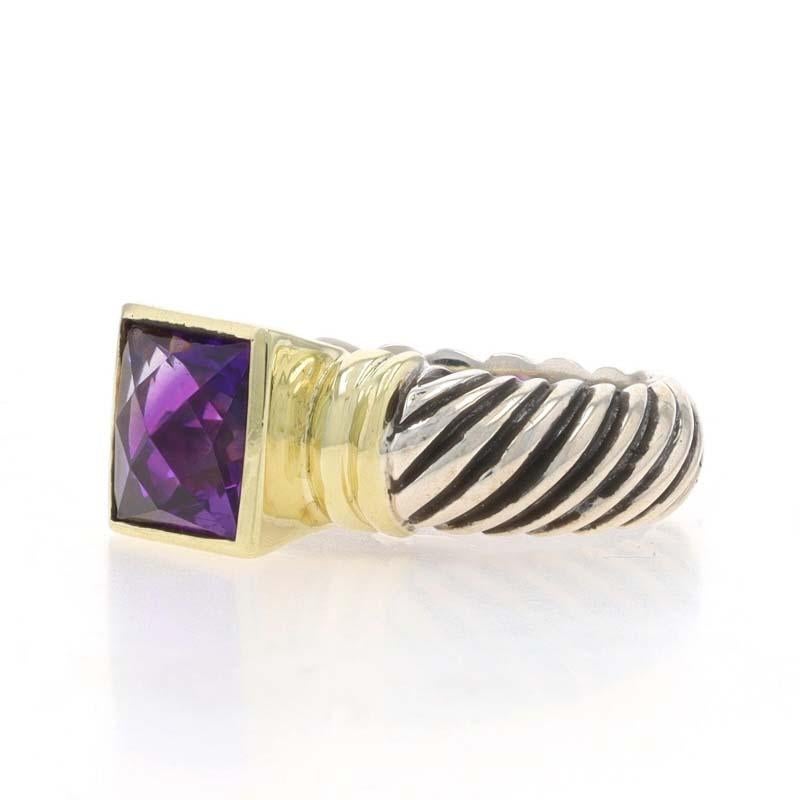 David Yurman Amethyst Solitaire Ring Sterling 925 Yellow Gold 14k Cable Sz 5 3/4 In Excellent Condition For Sale In Greensboro, NC