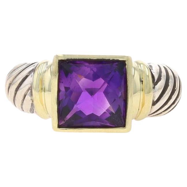 David Yurman Amethyst Solitaire Ring Sterling 925 Yellow Gold 14k Cable Sz 5 3/4 For Sale