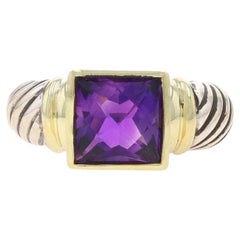 David Yurman Amethyst Solitaire Ring Sterling 925 Yellow Gold 14k Cable Sz 5 3/4