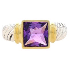 David Yurman Amethyst Solitaire Ring Sterling 925 & Yellow Gold 18k Sq. Sz 7 3/4