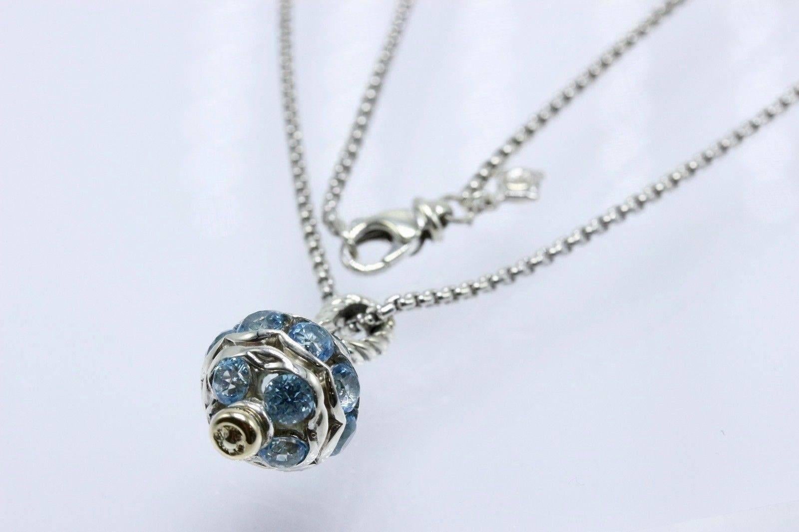 Women's David Yurman Aquamarine Jewels Bead Ball Pendant Necklace SS & 18k YG For Sale
