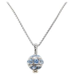 David Yurman Aquamarine Jewels Bead Ball Pendant Necklace SS & 18k YG