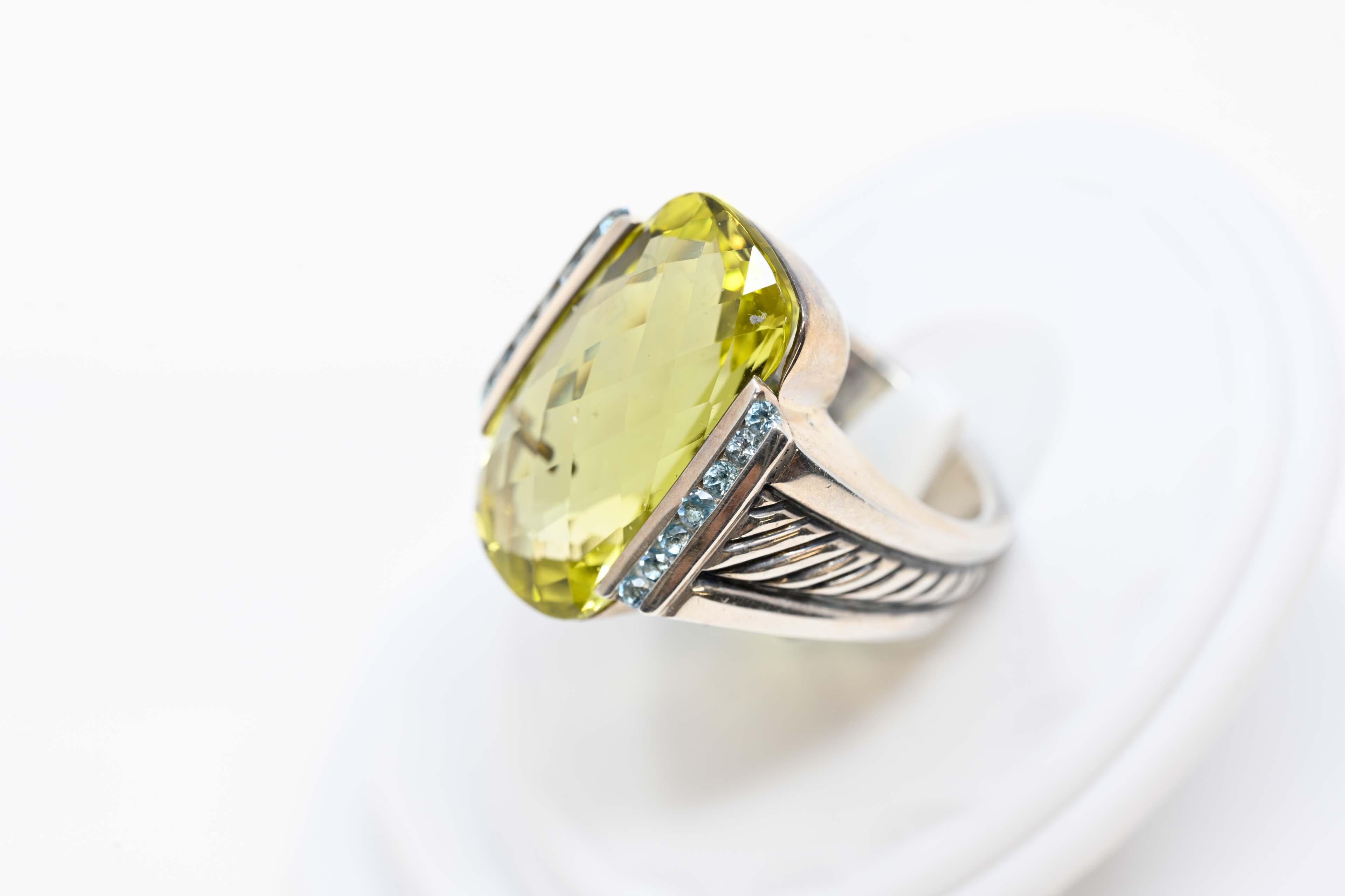 David Yurman art deco style sterling & lemon quartz ring and aqua stones (14). Size 6, marked inside Made in NY, USA during the 21st century. In good condition.