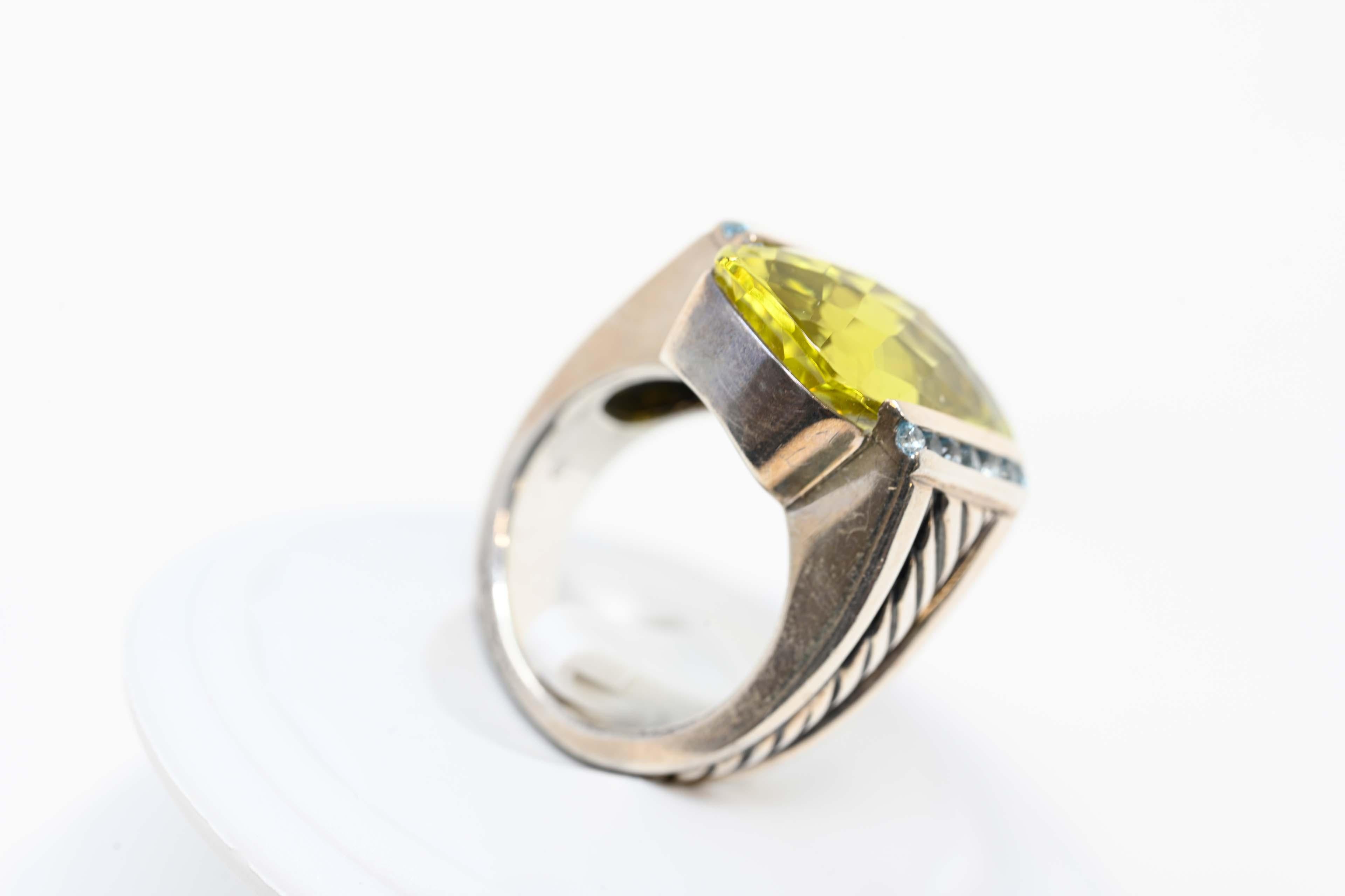David Yurman Art Deco Style Sterling & Lemon Quartz Ring In Good Condition For Sale In Montreal, QC