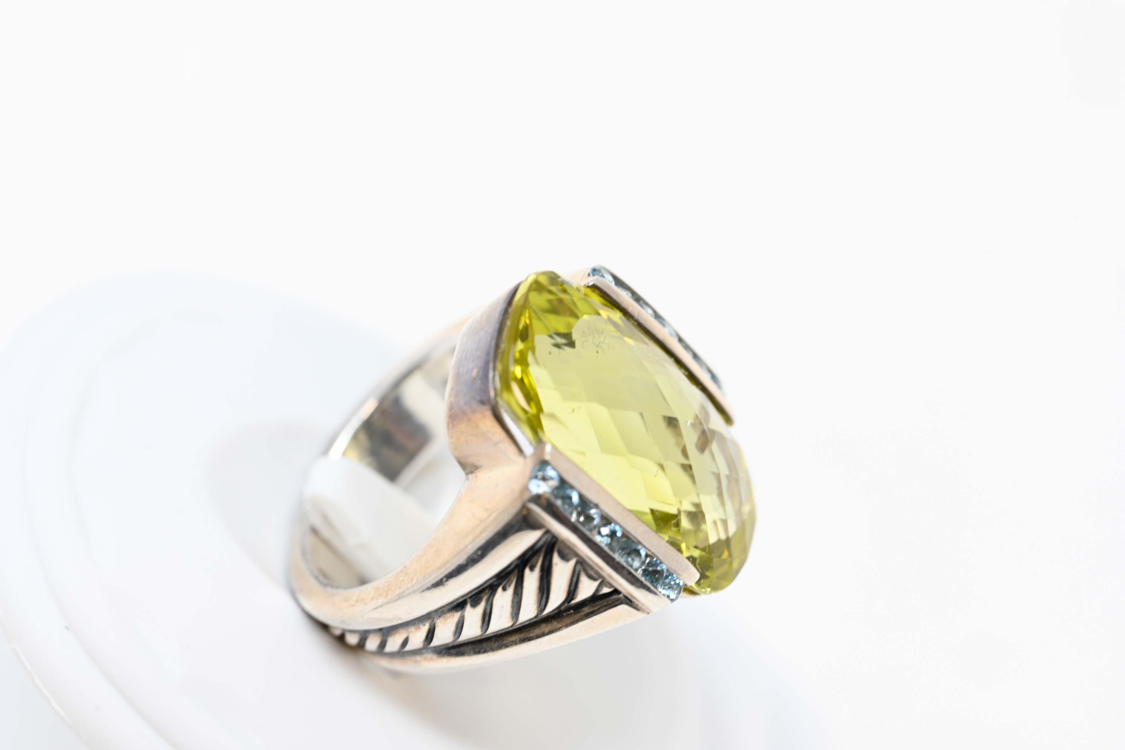Women's David Yurman Art Deco Style Sterling & Lemon Quartz Ring For Sale