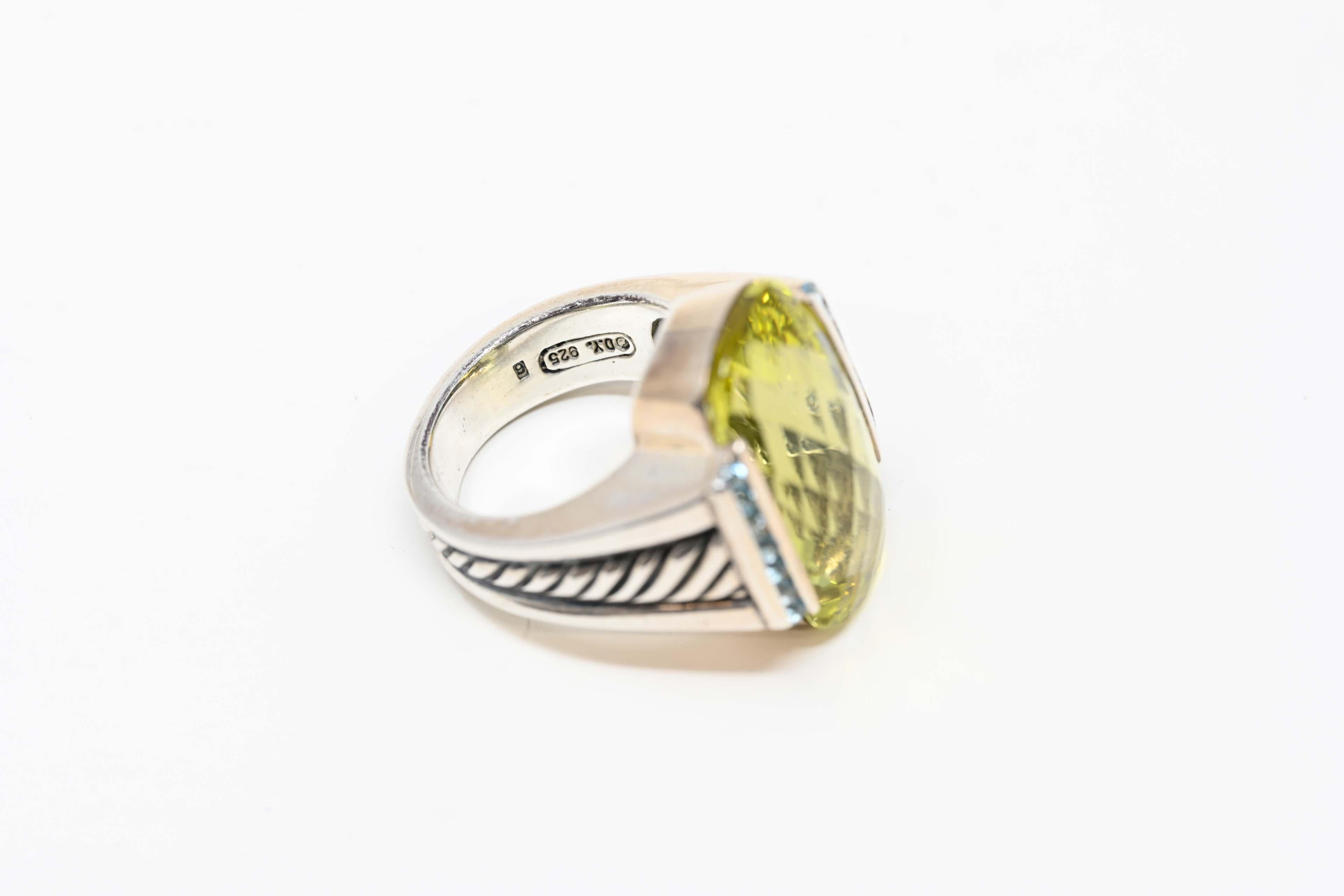 David Yurman Art Deco Style Sterling & Lemon Quartz Ring For Sale 1