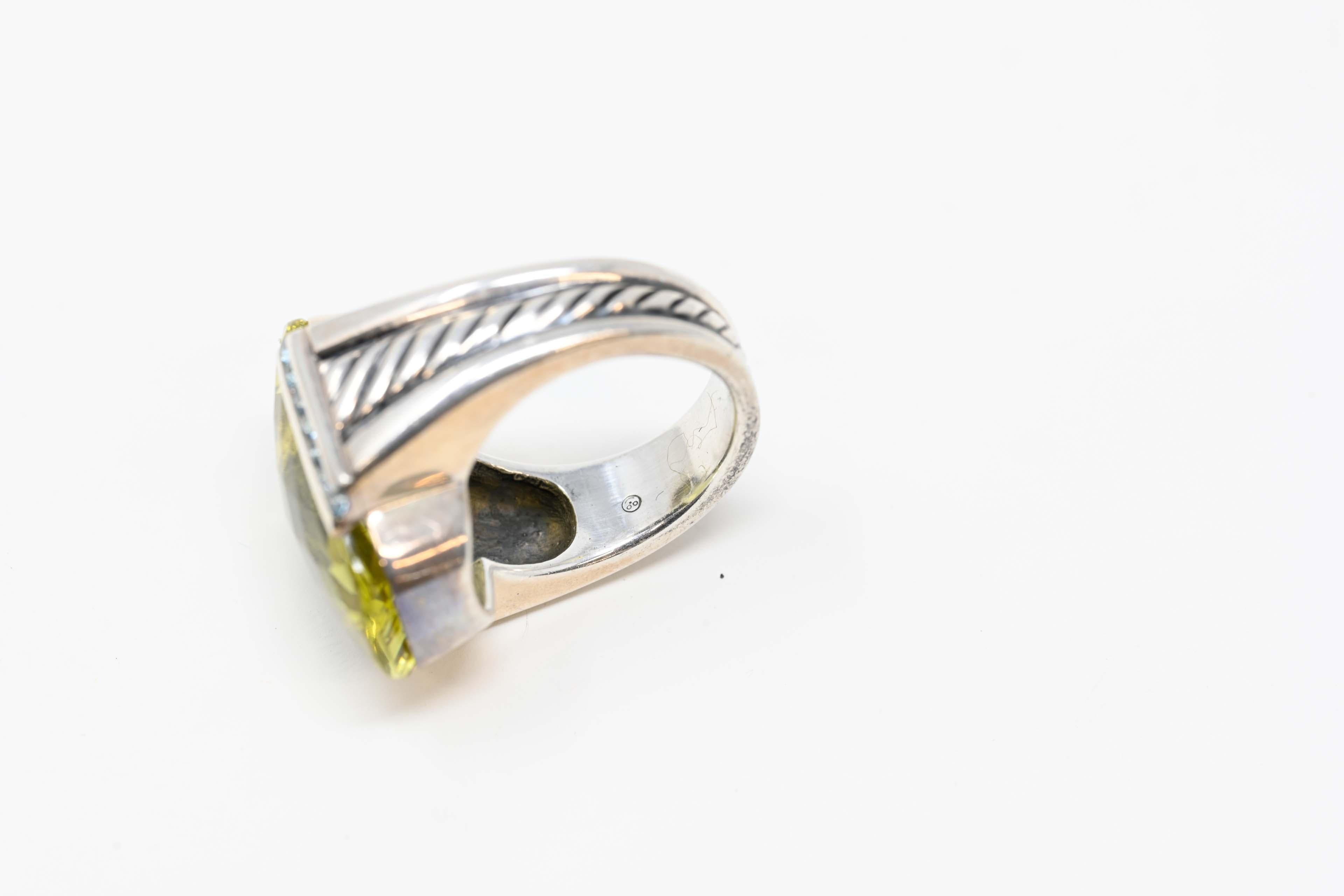 David Yurman Art Deco Style Sterling & Lemon Quartz Ring For Sale 2