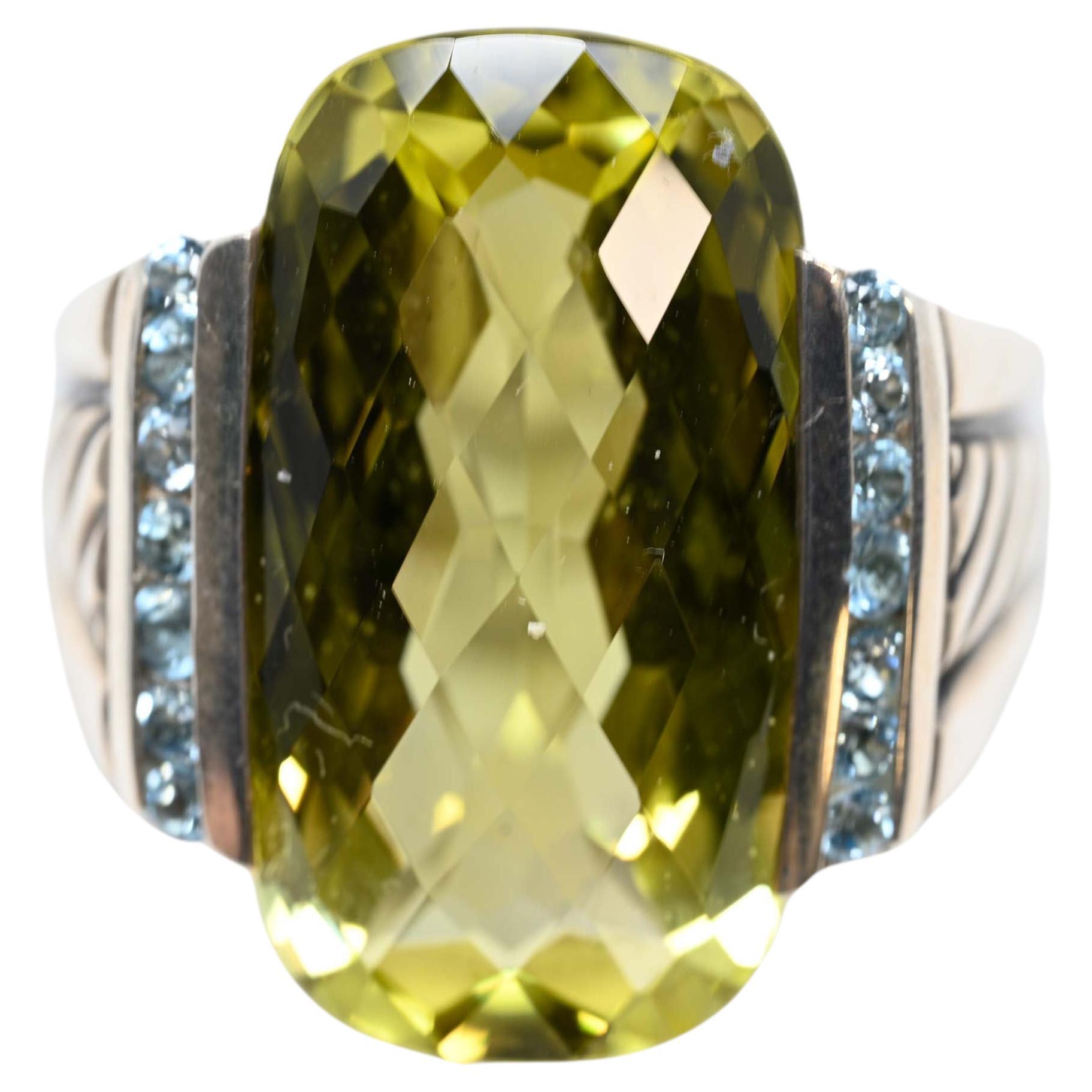 David Yurman Art Deco Style Sterling & Lemon Quartz Ring For Sale