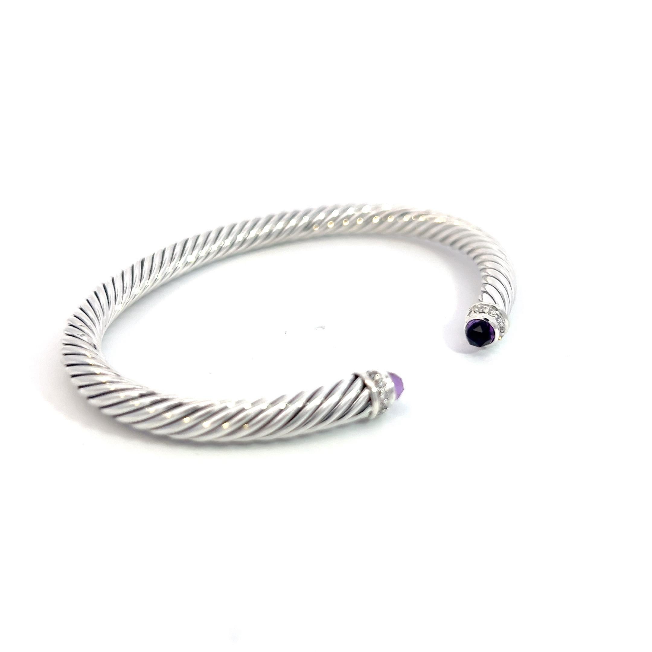 David Yurman Authentic Diamond Amethyst Cable Classic 5 mm Bracelet Sil 0.27 Ct In Good Condition In Brooklyn, NY