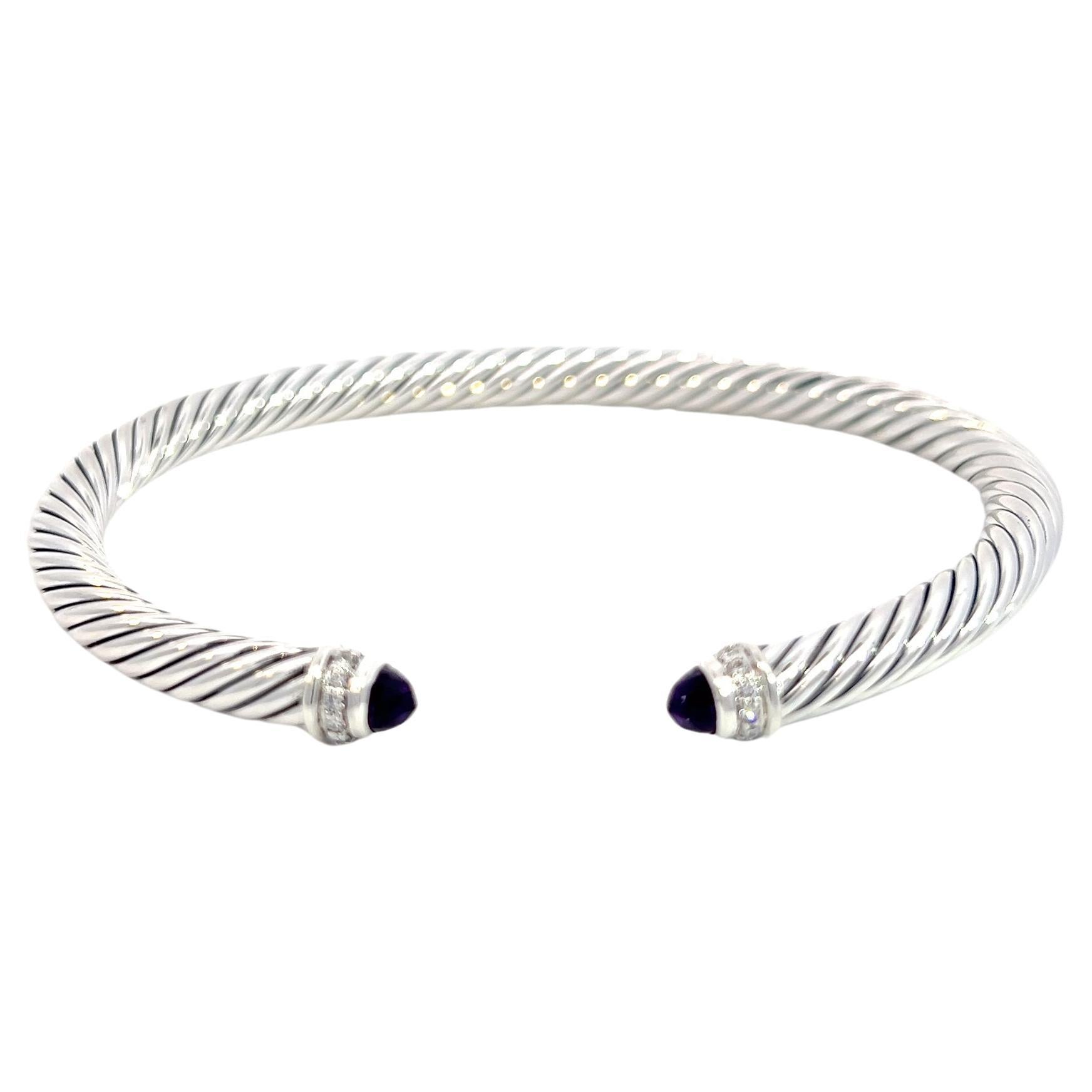 David Yurman Authentic Diamond Amethyst Cable Classic 5 mm Bracelet Sil 0.27 Ct