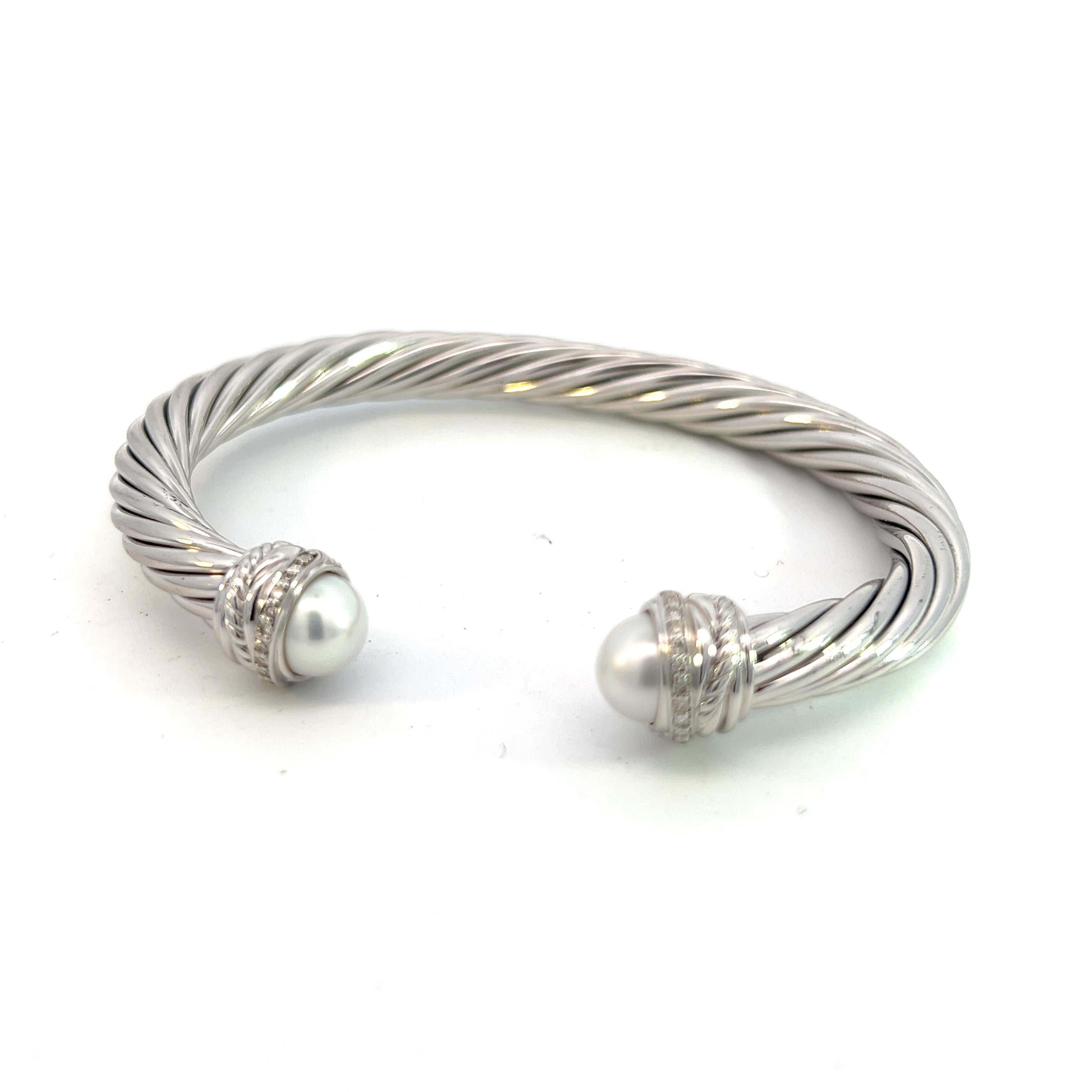 Women's or Men's David Yurman Authentic Diamond Pearl Cable Classic Cuff Bracelet 7